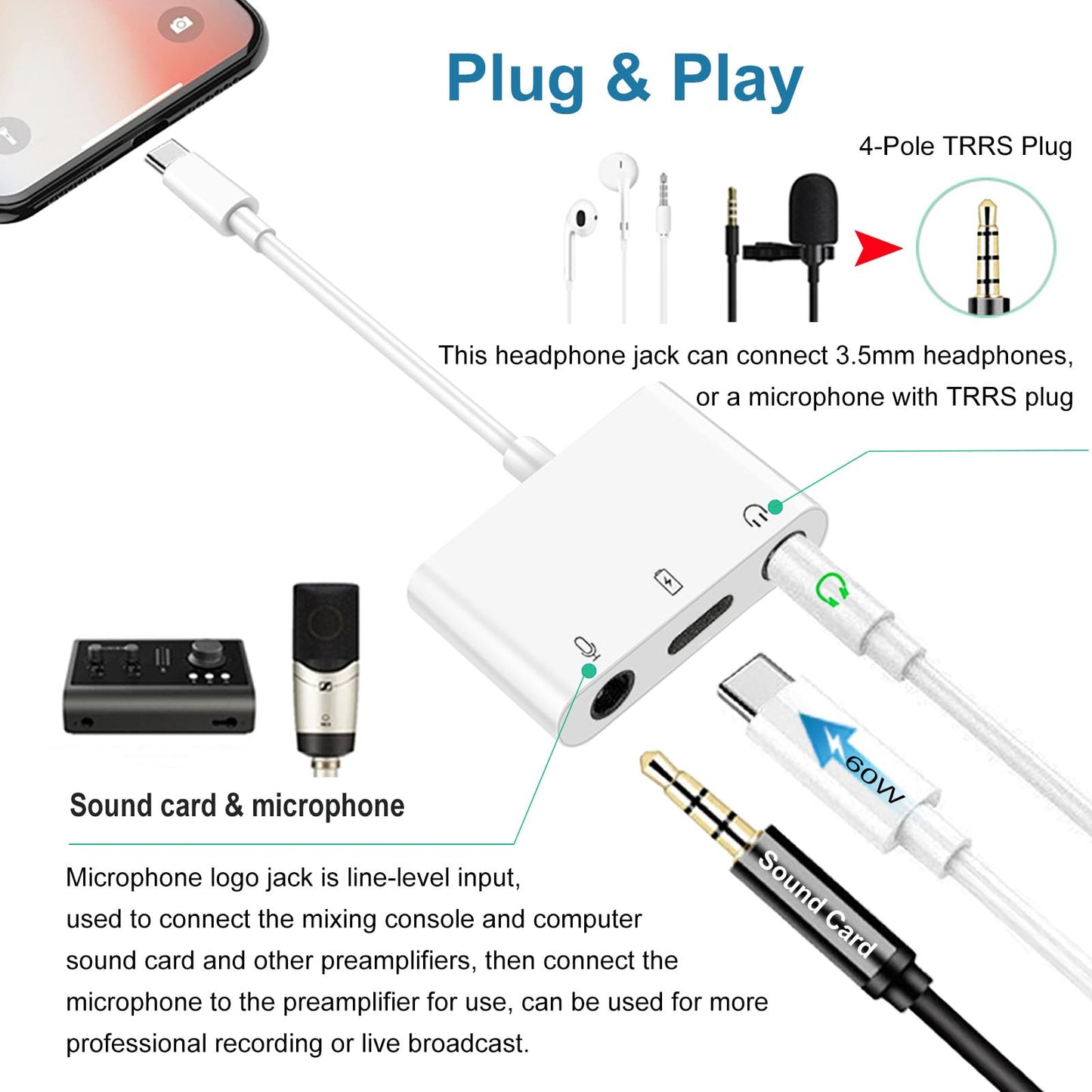 USB C to Microphone Adapter for Live-Streaming Type C to Microphone & 3.5mm Headphone Adapter with Charging Port USB C Audio & MIC Splitter Compatible