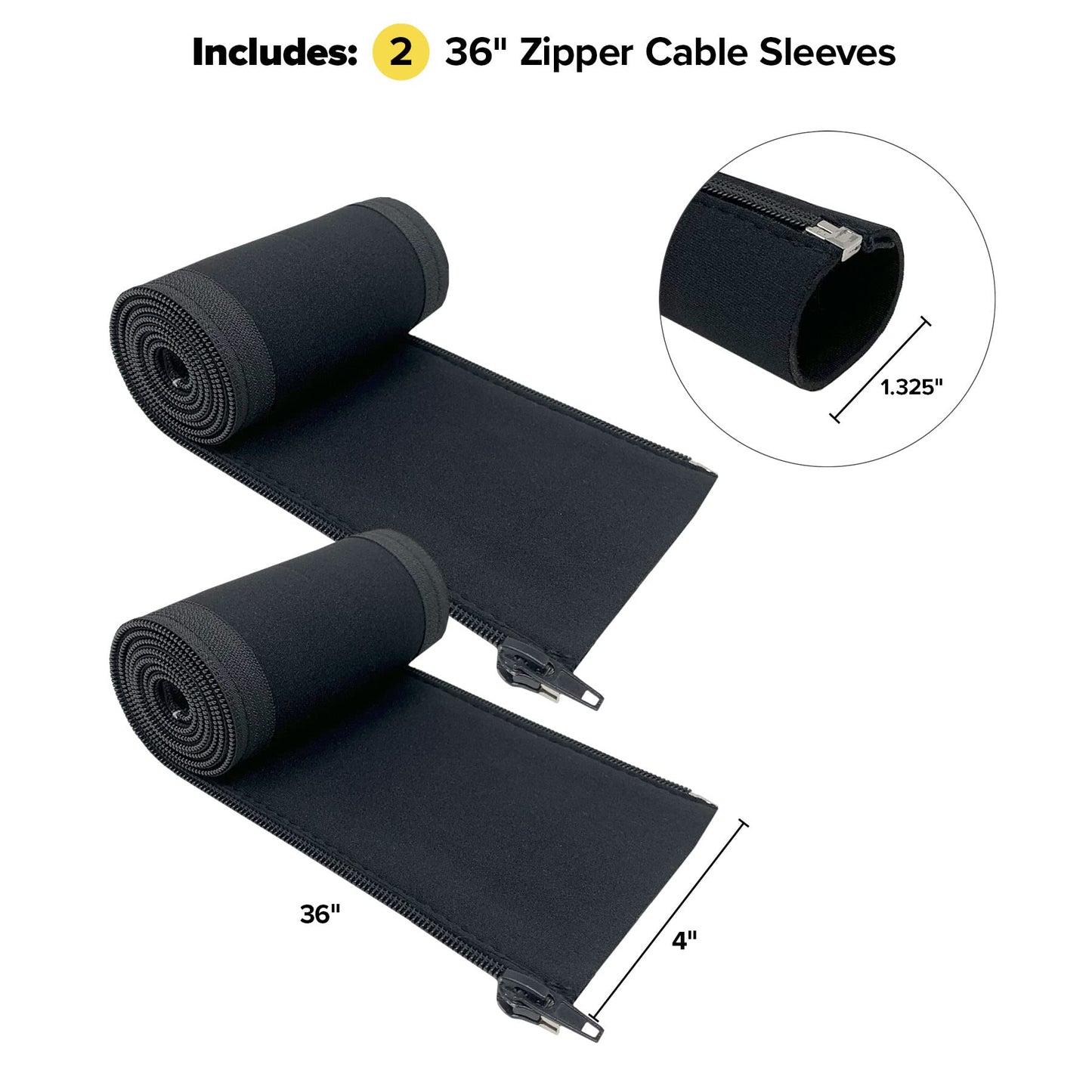 Zipper Cable Sleeve by Wrap-It Storage - 36" x 4" (2-Pack) Black - Cord Organizer and Cable Protector for Desk, Computer, TV Cord Management to Hide