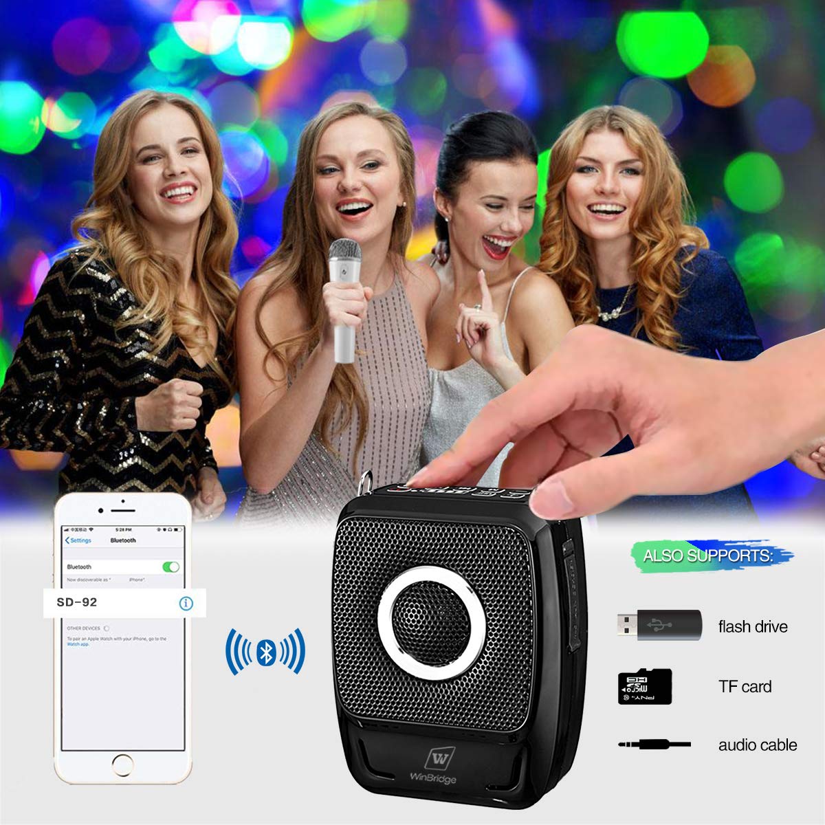 W WINBRIDGE S92 Pro Portable PA System -25W Bluetooth Speaker with Dual Wireless Microphones, Wireless Voice Amplifier with Headset Mic and Handheld