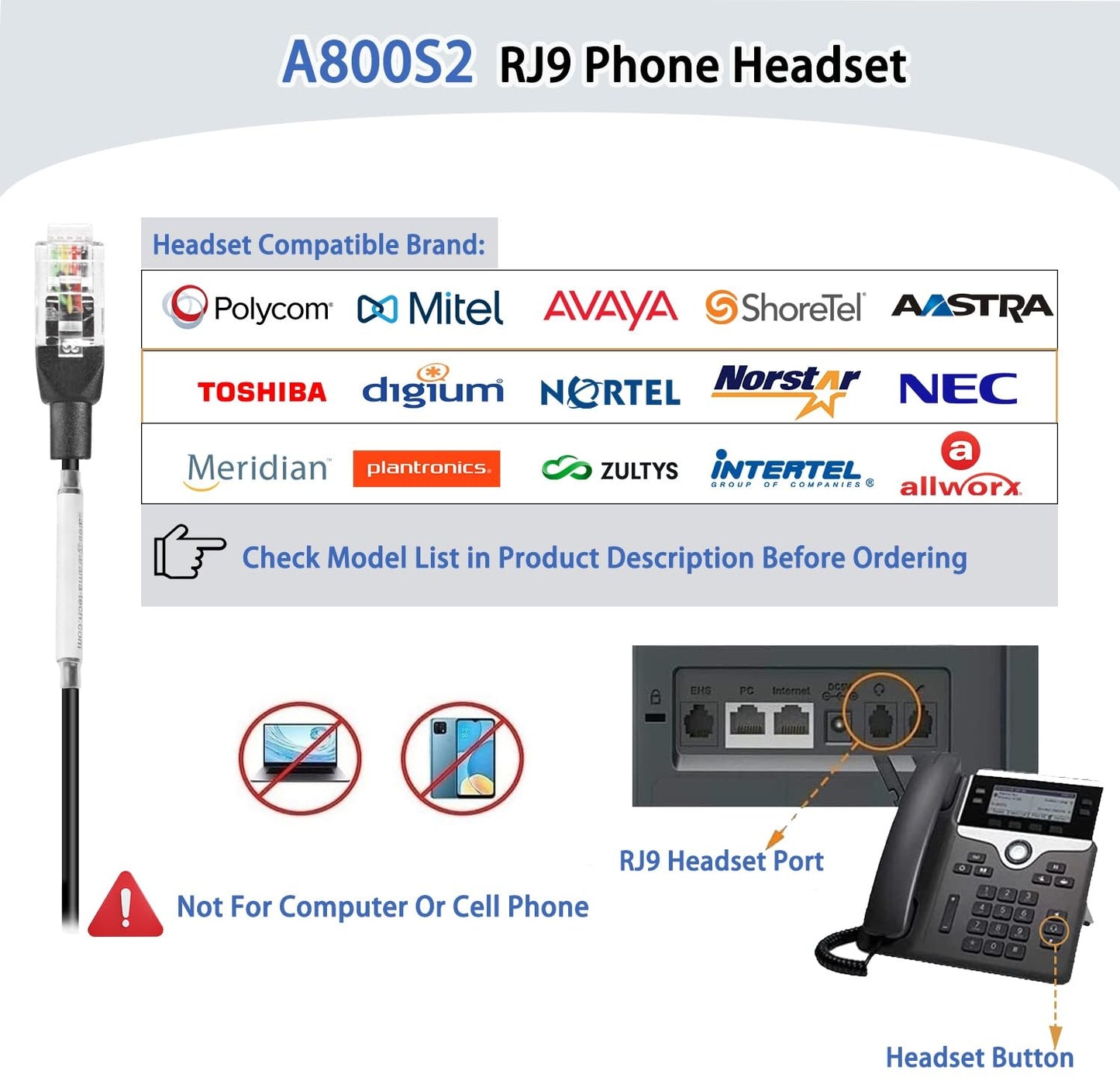 Arama Corded Telephone Headset Mono w/Noise Canceling Mic Compatible with ShoreTel Plantronics Polycom Zultys Toshiba NEC Aspire Dterm Nortel Norstar