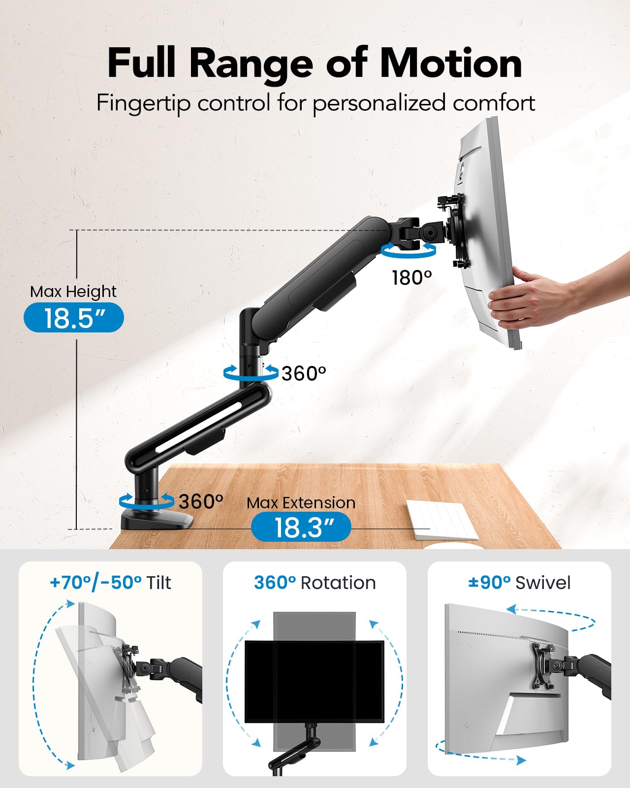 HUANUO Ultrawide Monitor Arm for 13 - 40" Screens, Single Monitor Mount Holds up to 26.4lbs, Adjustable Monitor Stand with C-Clamp & Grommet Base