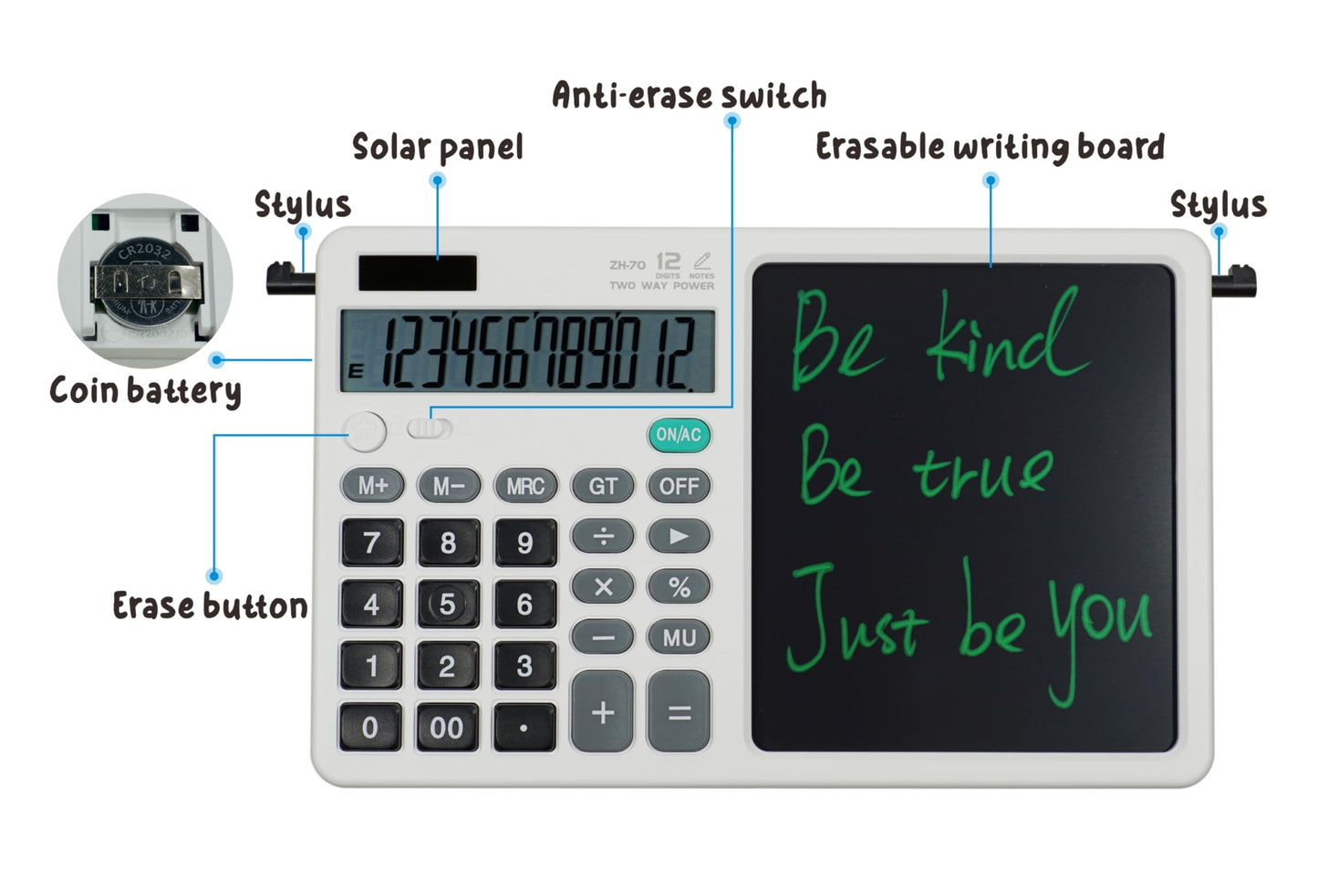 Desk Calculator Large Display with 7'' Erasable Writing Pad, 12 Digits Large Screen Display Jumbo Calculadora, Solar & Battery Powered Big Button