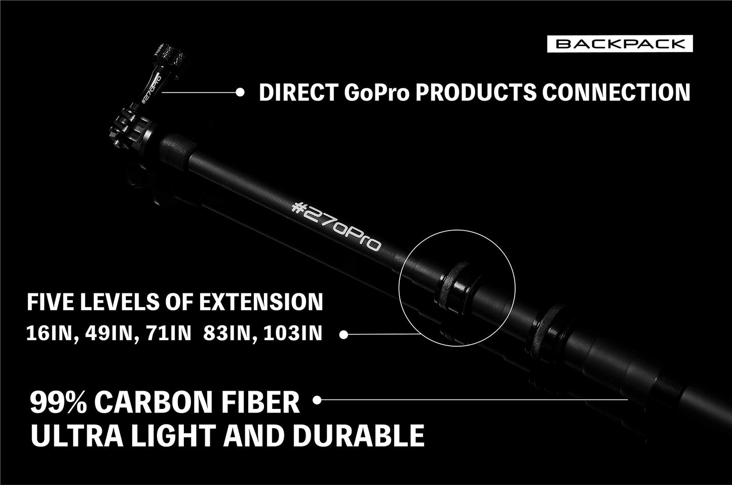 #270Pro Backpack | Original Design 8.8Ft Ultra-Long Invisible Selfie Stick, 99% Carbon Fiber, Lightweight & Portable, Works with GoPro, Insta360, DJI