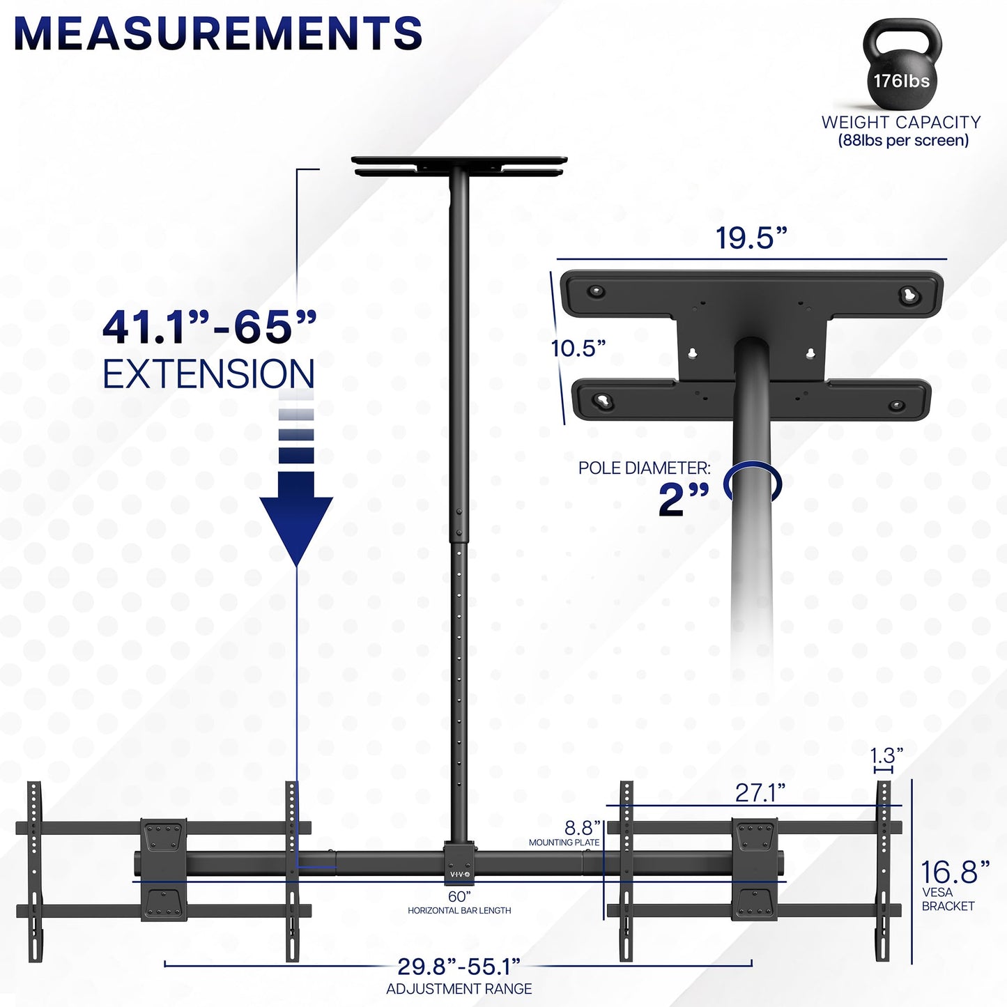 VIVO Side-by-Side Dual TV Ceiling Mount for 34 to 60 inch Screens, Heavy Duty Full Swivel Menu Board for TVs up to 88 lbs Each, 5.5ft Extension Pole