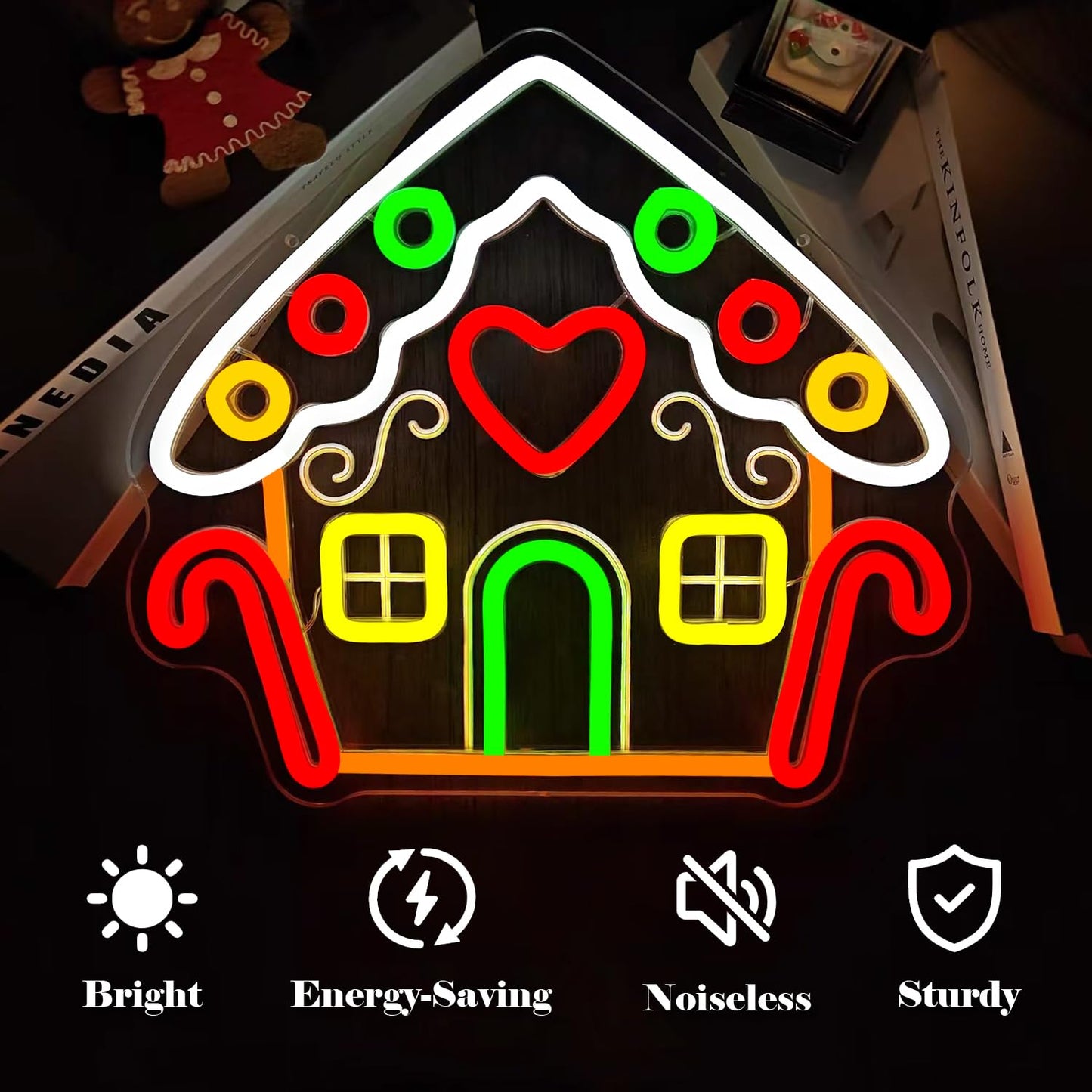 Vveikea Gingerbread Houses Neon Sign Neon Christmas Sign Dimmable Neon Lights Lighted Gingerbread House Xmas Light Up Sign Led Christmas Window