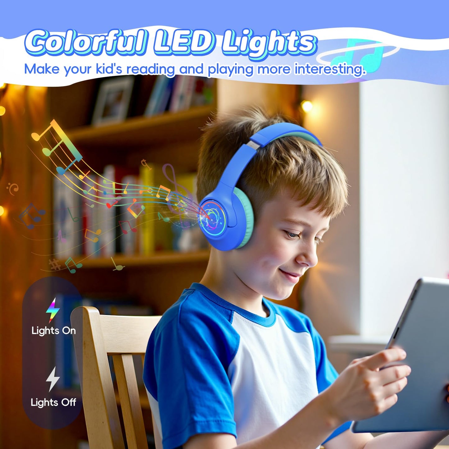 Kids Bluetooth Headphones with 85H Playtime for Toddler Boy, Blue with LED