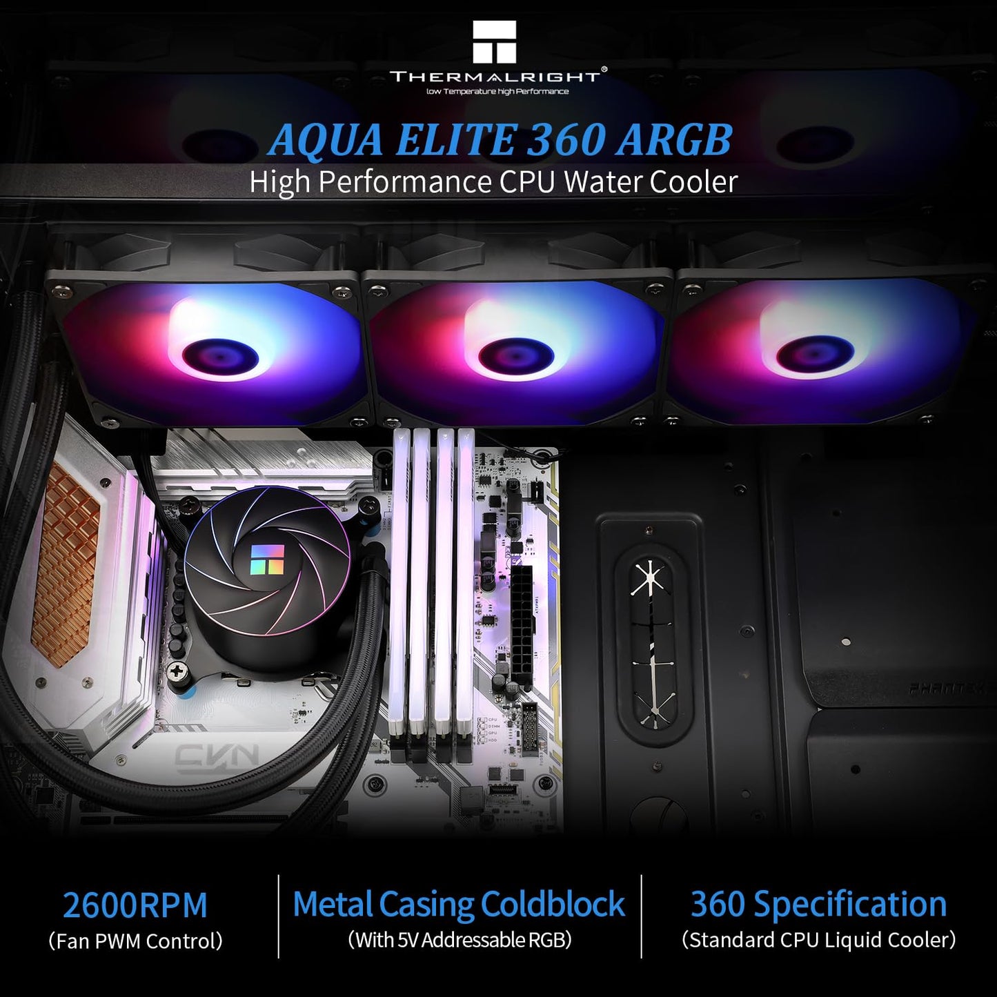 Thermalright Aqua Elite 360 ARGB Liquid CPU Cooler, 360 AIO Cooling Row Size, 3 x 120mm PWM Fans, Computer CPU Cooler,for AMD:AM4/AM5, Intel
