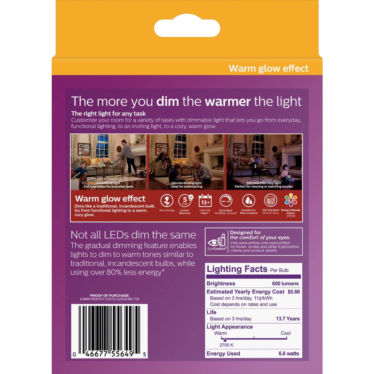 Philips LED Clear Dimmable, Warm Glow Effect BA11 Light Bulb - Pack of 3 - EyeComfort Flicker Free - 6.6W=75W - 600 Lumen - Soft White (2700K) - E26