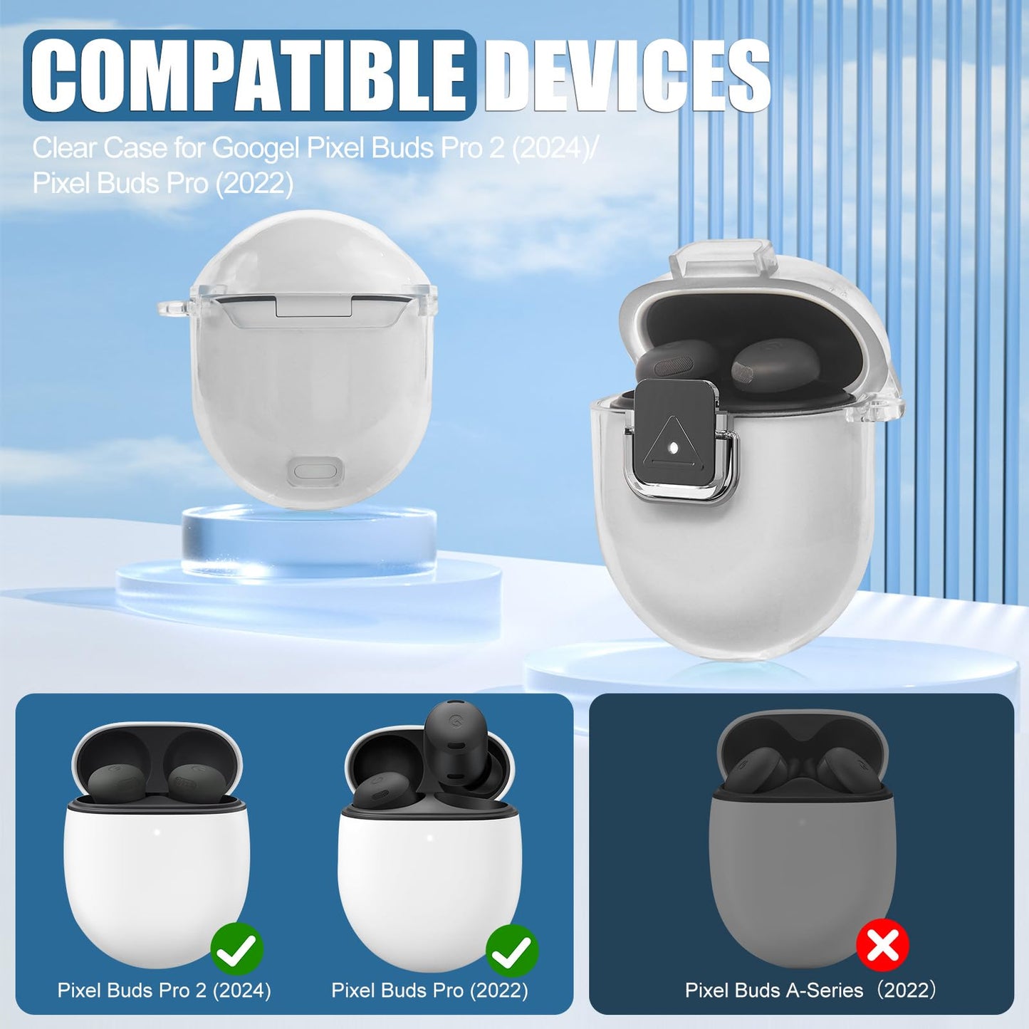 for Google Pixel Buds Pro 2 Case Cover with Lock Clip, Clear TPU Case for Google Pixel Buds Pro1/2, Shockproof Protective Case Skin wtih Keychain
