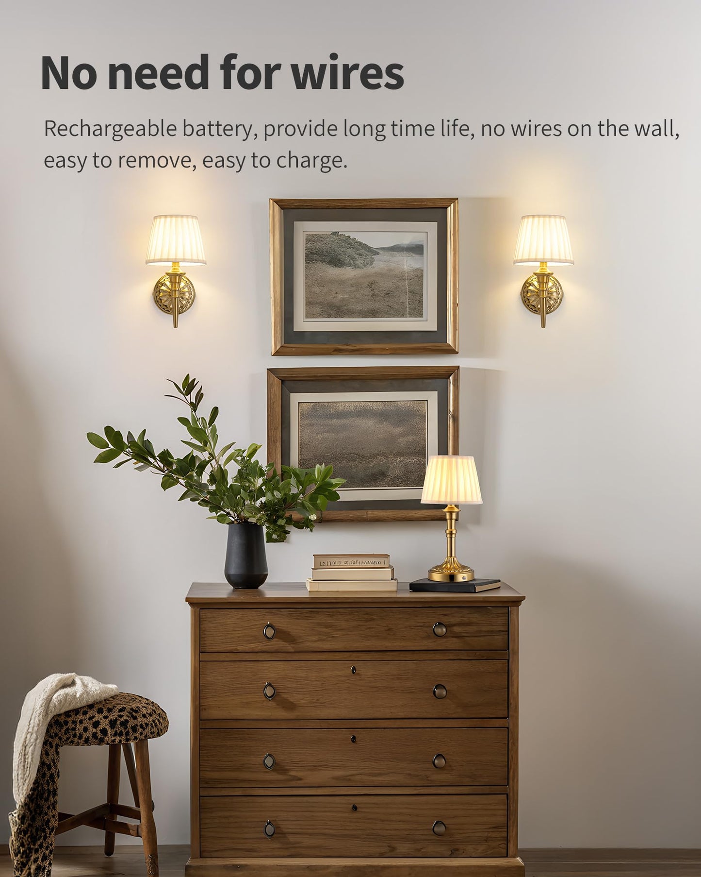 KDG Cordless Wall Sconces Set of 2, Small Wireless 5200mAh Rechargeable Battery Fabric LED Wall Lamps, Portables Lightings for Wall Painting, Living