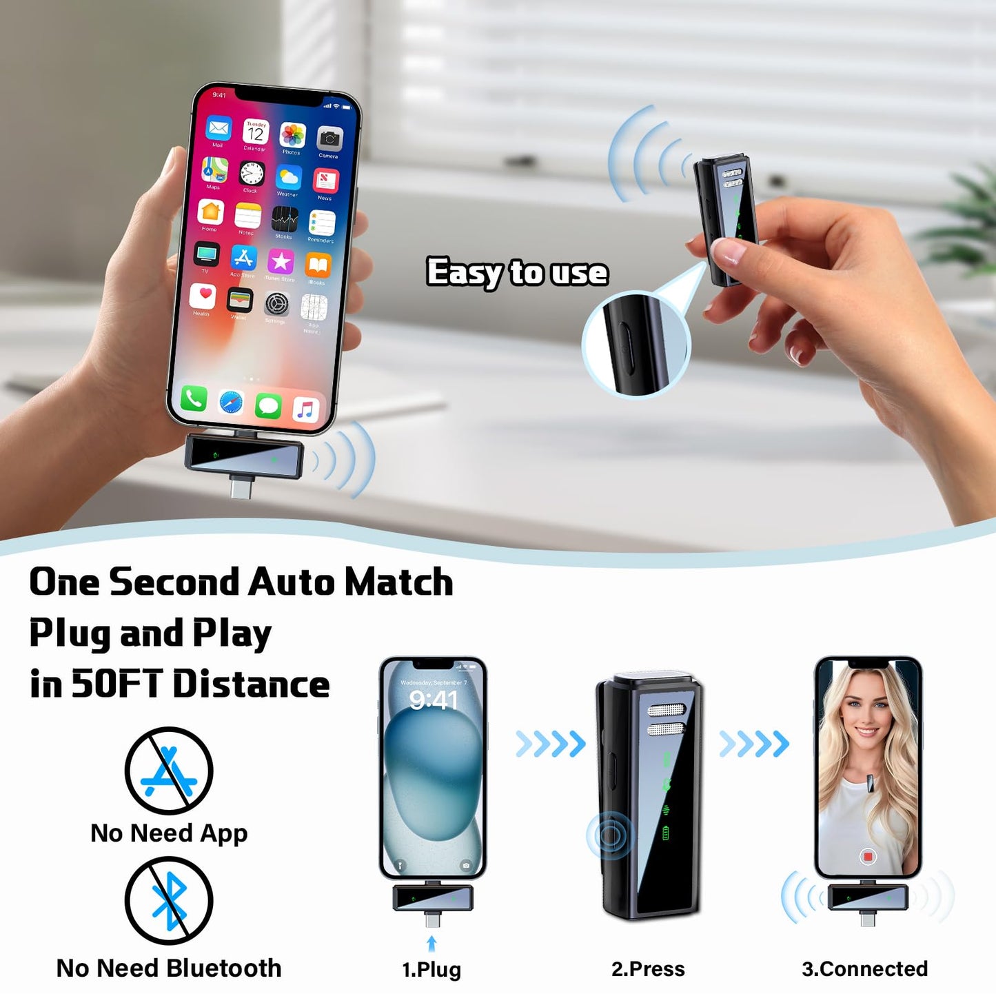 Quuejenl Wireless Lavalier Microphone with Noise Cancellation, 6 Hours of Battery, Wireless Mini Microphone for iPhone, Android, Record Interview