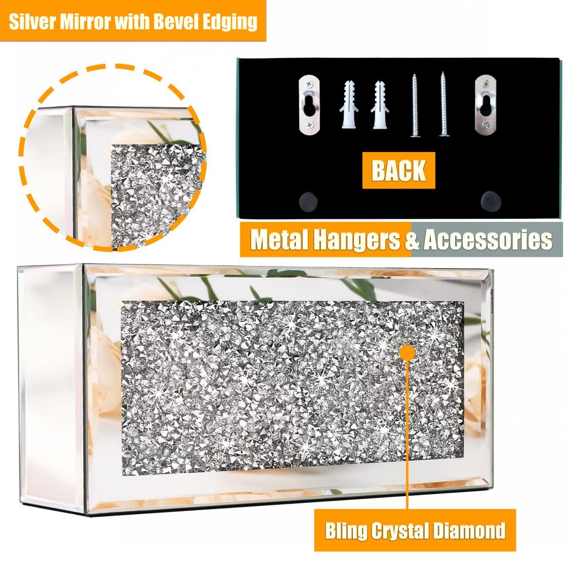 GOTHICO Mirrored Remote Holder, Wall Mounted Crush Diamond Bling Decoration Organizer Storage Box for Remote Phone Pad Wallet Notebook (8.3"×2.5"×4"