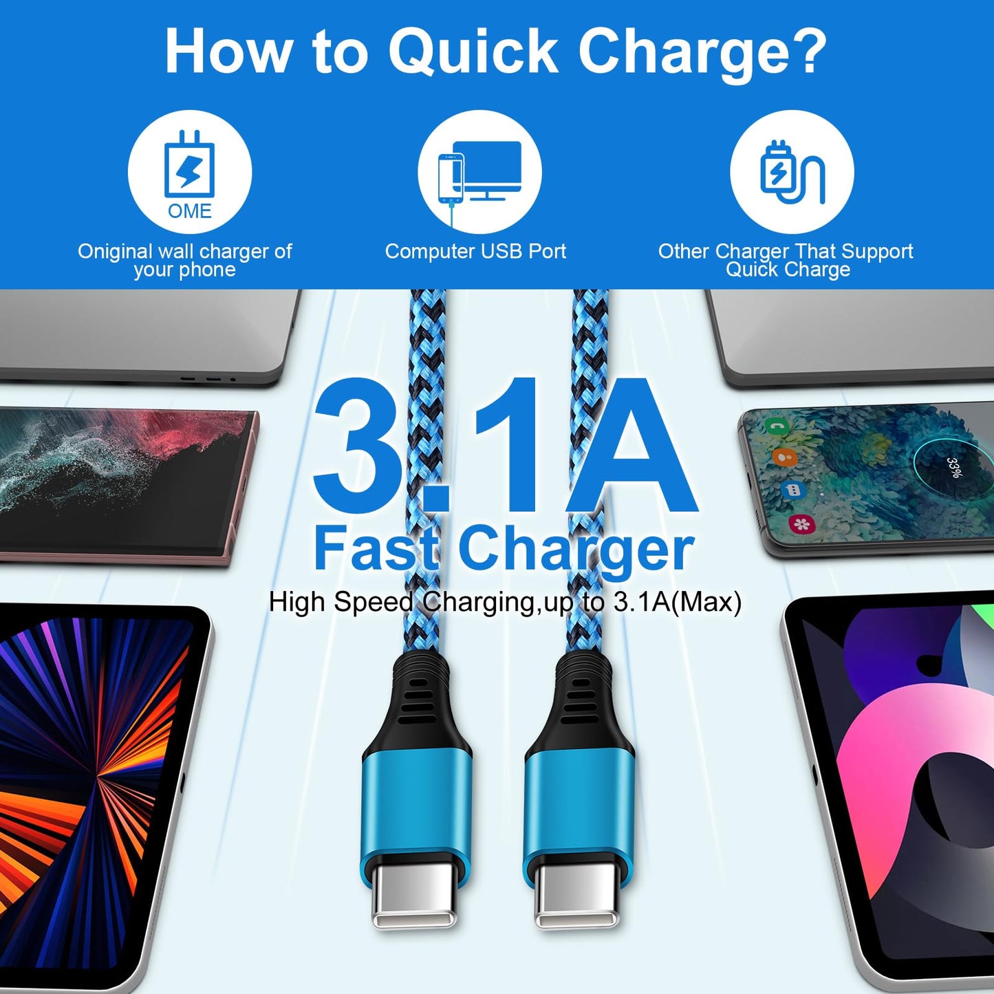 Samsung A16 5G Charger Cable 10FT, 2 Pack Extra Long USB C to USB C Power Cord Fast Charging Car Android Phone Wire for Samsung Galaxy A17 A36 A56 A26