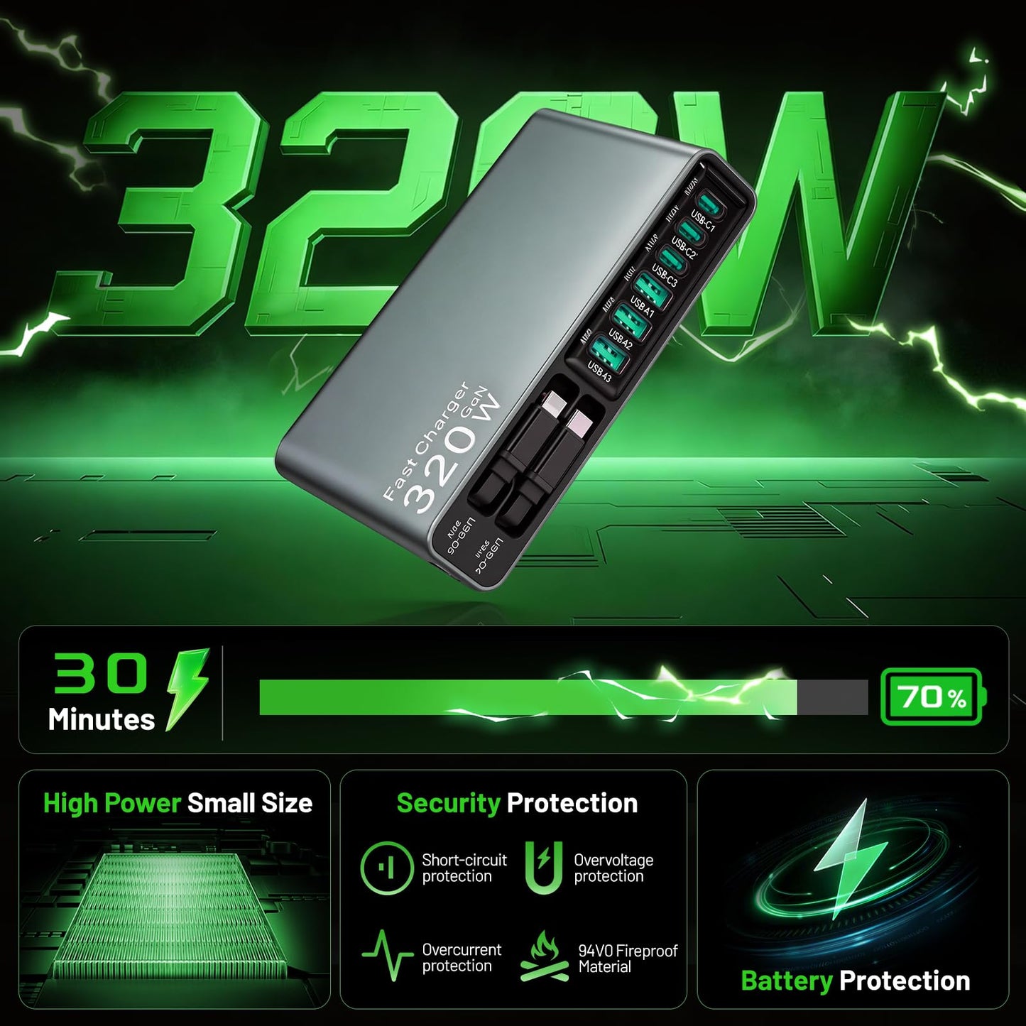 X-Star 320W 8-Port Retractable USB C Charger Block Charging Station,Upgraded GaN3.0 PD 100W Desktop Laptop Chargers,Fast Multiple USB Charging Hub