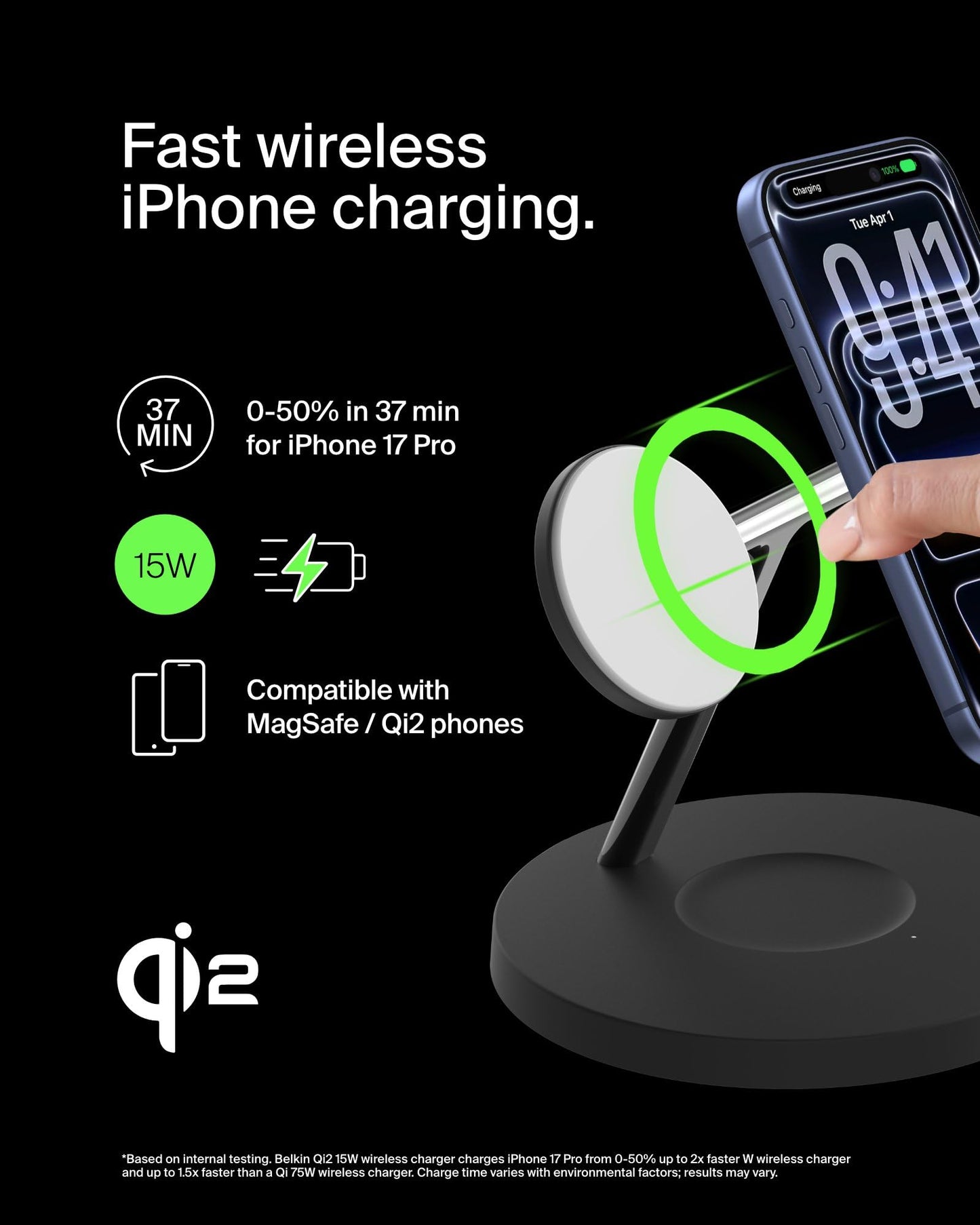 Belkin MagSafe-Compatible iPhone Charger, 3-in-1 Wireless Charging Station, Qi2-Certified 15W Wireless Charge for Apple iPhone 17 Series, Apple Watch