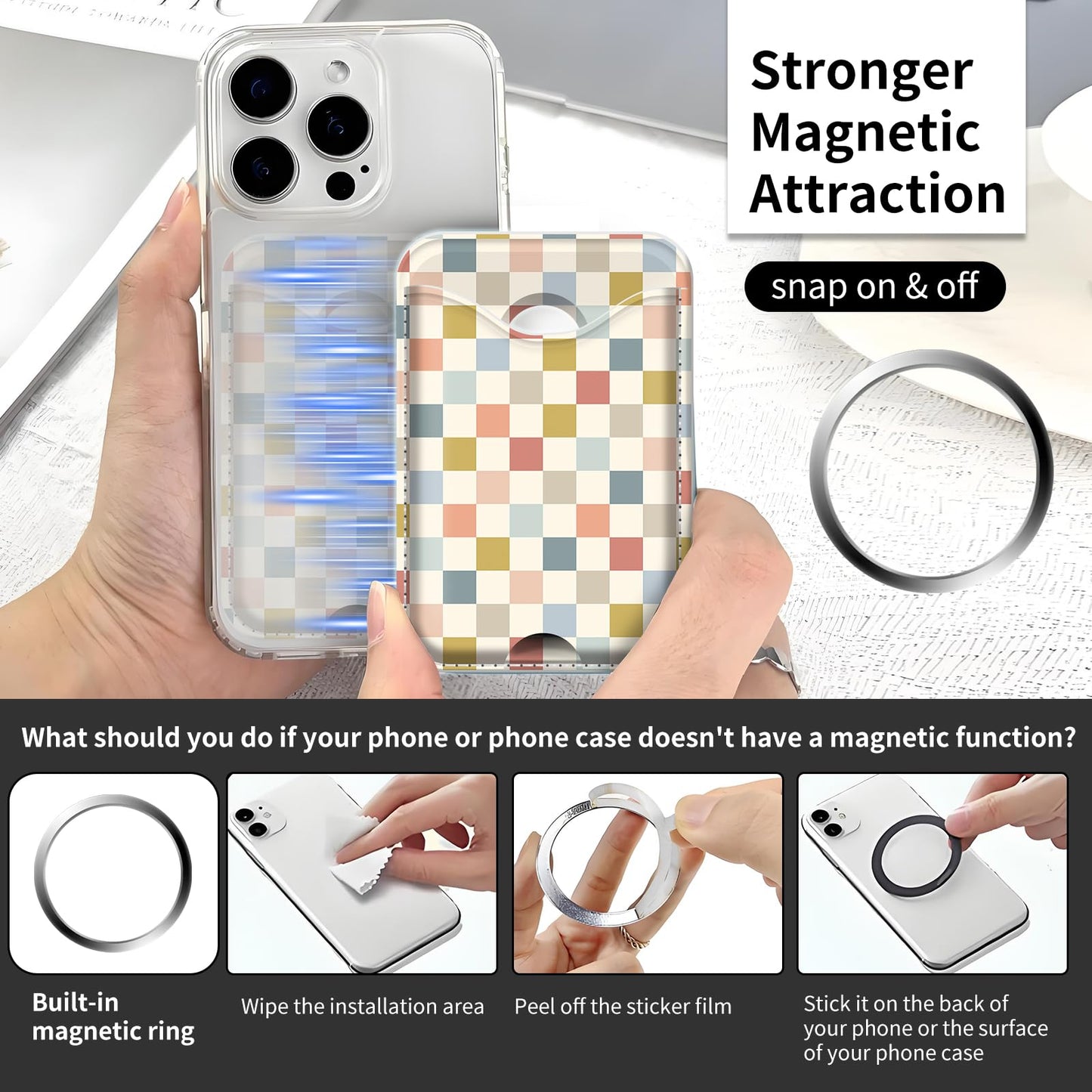 FGHFGO Compatible with Magsafe Wallet Magnetic Phone Card Holder for Phone Case, Cute Leather Stronger Magnetic RFID Phone Wallet for Women Men