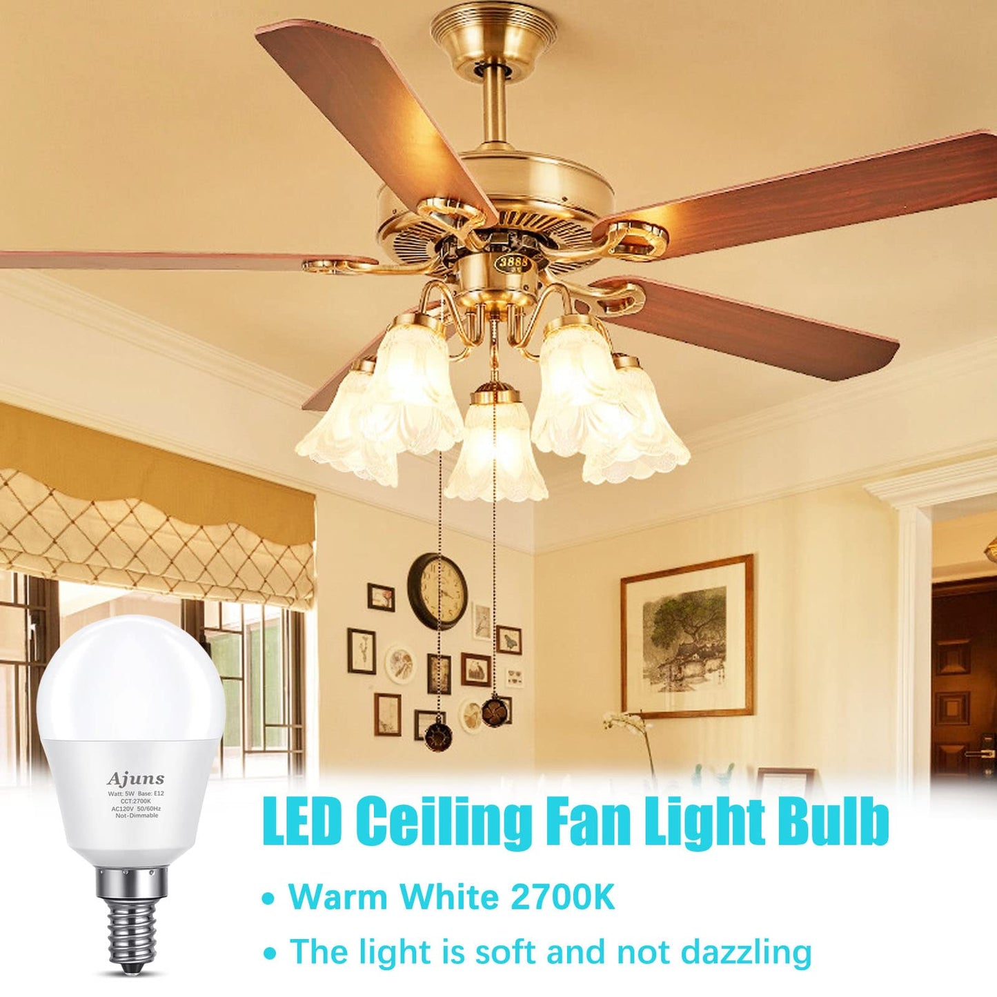 Ajuns 5Watt (40W Equivalent) LED Bulbs, E12 Small Base Ceiling Fan Light Bulbs,450 Lumen,Warm White 2700K, 120V A15 LED Bulb Globe Shape,Non Dimmable