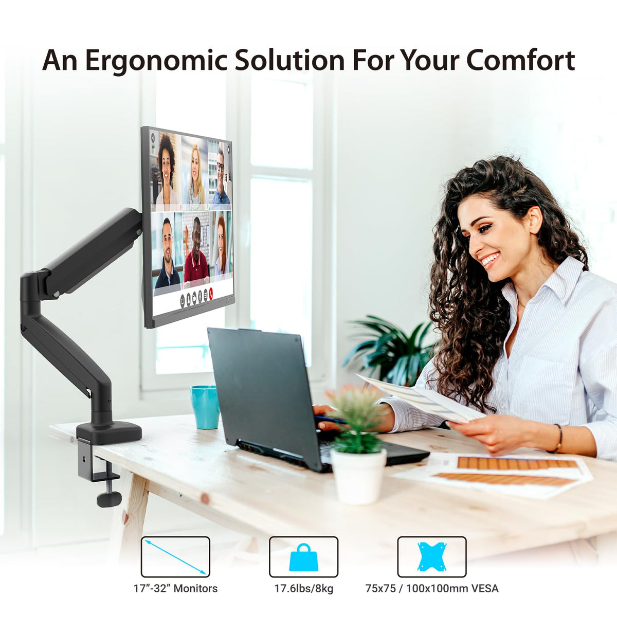 j5create Ergonomic Monitor Mount, Fully Adjustable Gas Spring Monitor Arm for 17 to 32 inch Screen, Integrated Cable Management, Comes with Clamp