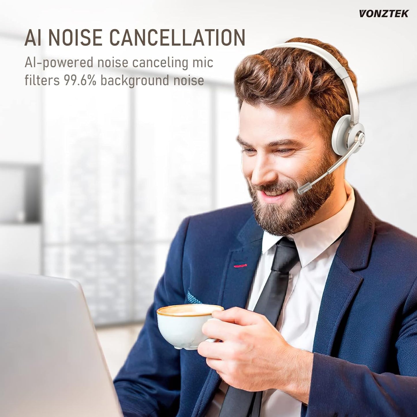 Vonztek Wireless Headset, Trucker Bluetooth Headset with Microphone Noise Canceling & USB Dongle, 5.0 Wireless Headphones with Mic Mute for Cell Phone