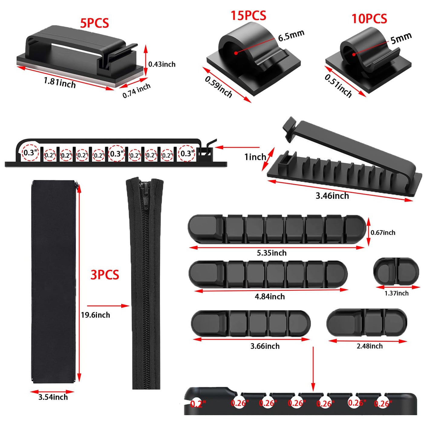 189PCS Cable Management Kit, 6 Cable Sleeve40 Cable Clips with 11Cord Holders, 2 Roll Self Tie, 10 Self Adhesive Cord Organizer, 100 Fastening Cable
