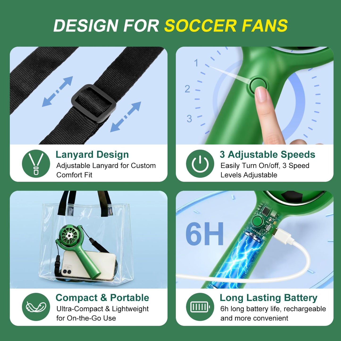 Handheld Fan Kit with Soccer Stickers & Wristbands, Portable Summer Fan