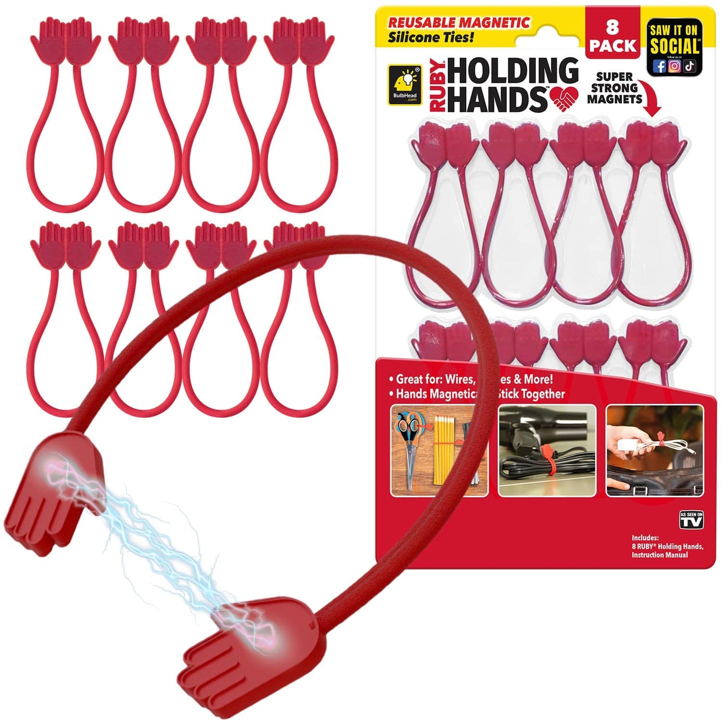 Ruby Holding Hands Ultra-Powerful Magnetic Silicone Zip Ties, AS-SEEN-ON-TV, Industrial-Strength Cable Ties with Magnet Automatically Stick Together