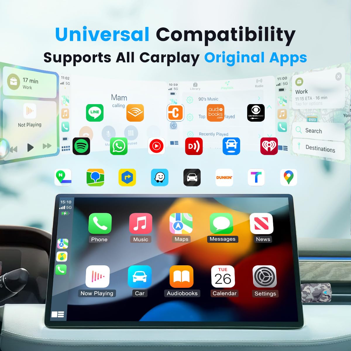 CODONOVA 2026 Mini Wireless CarPlay Adapter, Fast Stable Connection, No Latency, Converts Wired to Wireless for Carplay & Android Auto, Easy Setup in