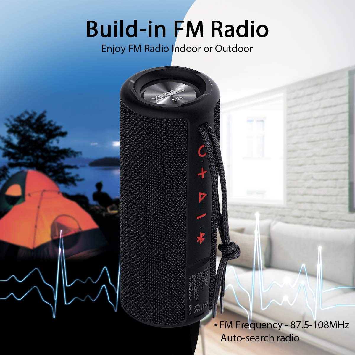 XENEO X21 Portable Outdoor Wireless Bluetooth Speaker Waterproof with FM Radio, Micro SD Card Slot, AUX for Shower - Hard Travel Case Included