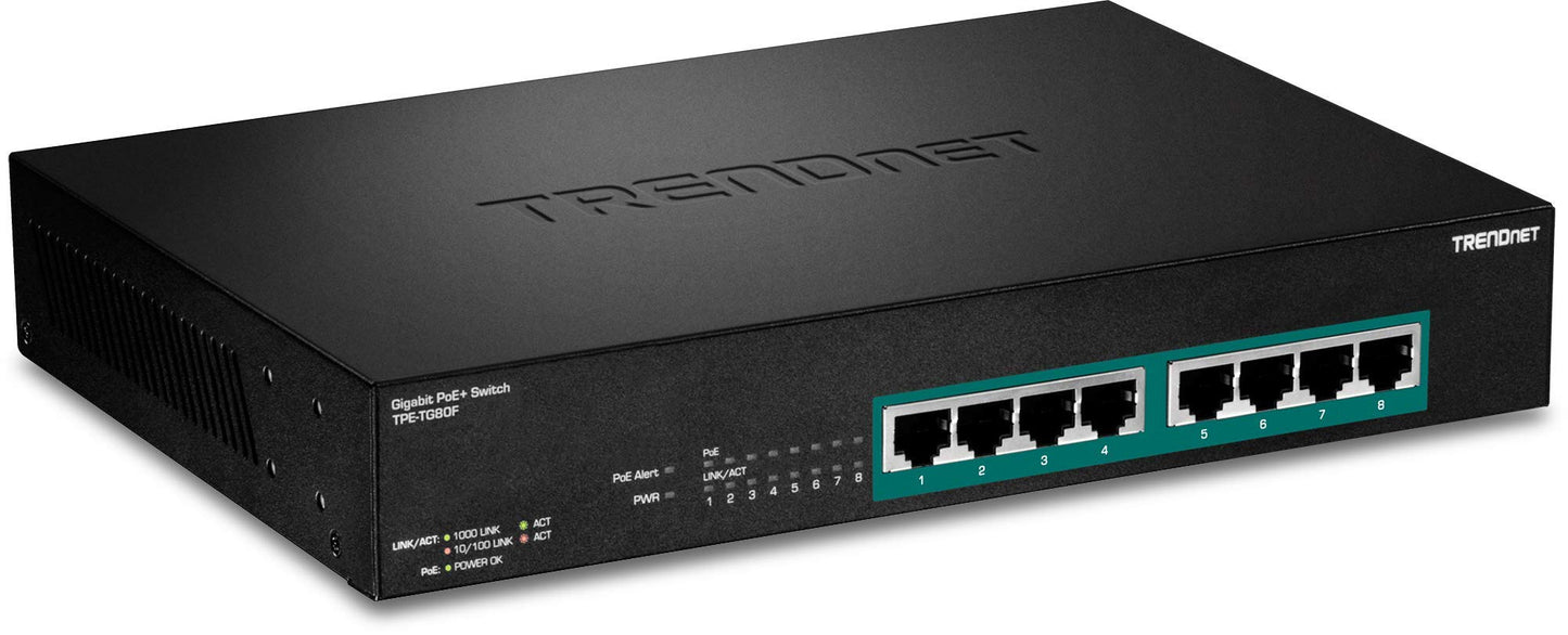 TRENDnet 8-Port Gigabit Full Power Poe+ Switch, 8 x Gigabit PoE+ Ports, 240W Power Budget, 16Gbps Switching Capacity, Rack Mountable, Ethernet Network