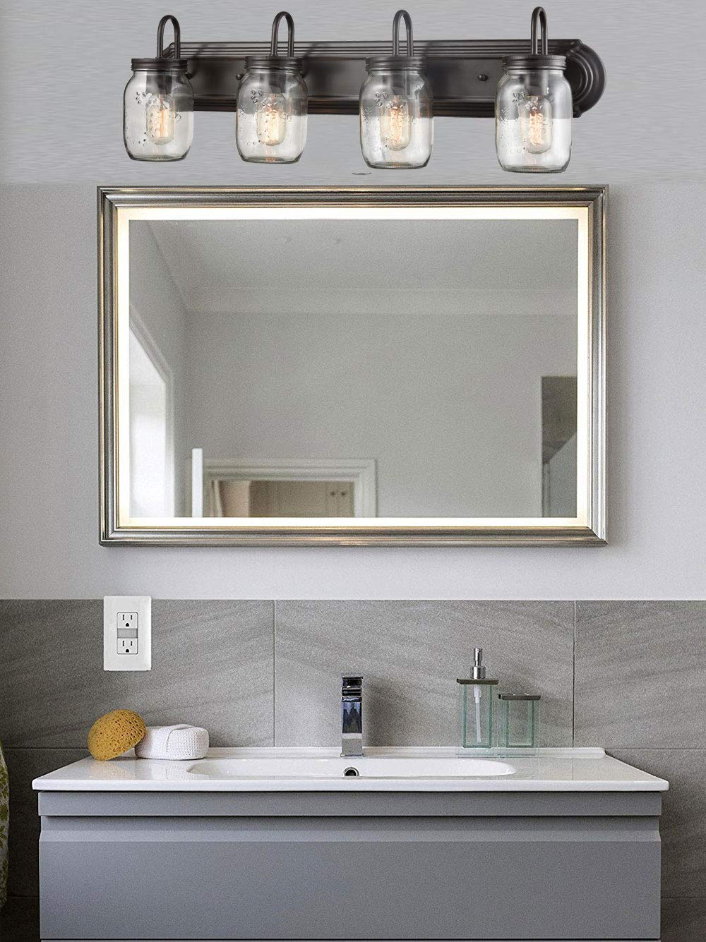DIRYZON EUL Vintage Clear Glass Jar Wall Sconces 4-Light Bathroom Vanity Lighting Fixture Oil Rubbed Bronze