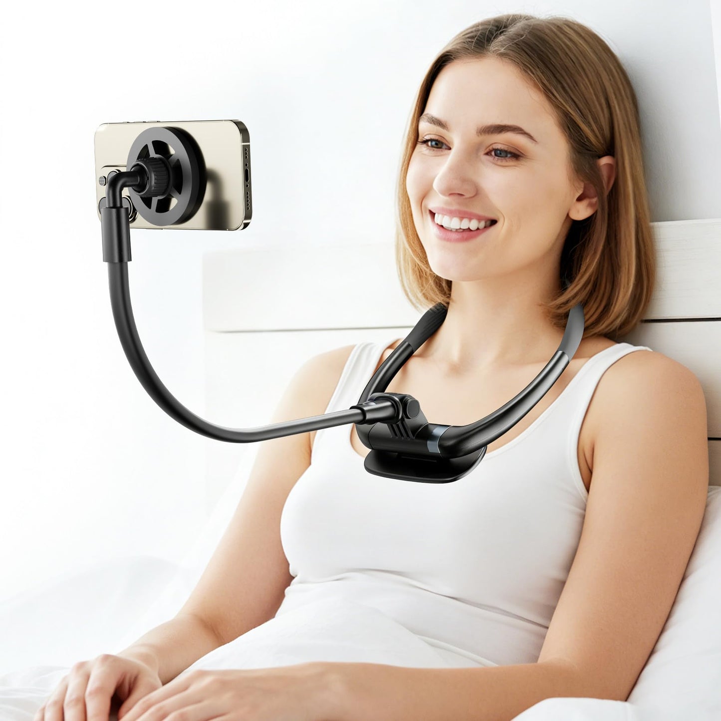 LenTok Magnetic Neck Phone Holder for Reading in Bed, One-Hand Operation Comfortable Lazy Cell Phone Mount for iPhone, Around Neck for Video Recording