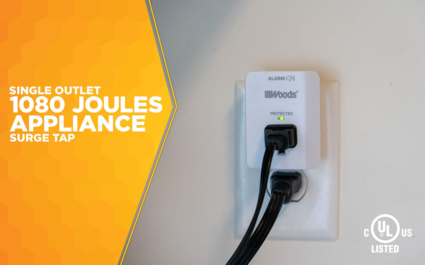 Southwire Woods Surge Protector - 1 Outlet - 1080J Appliance Surge Protection - LED Indicator Light and Alarm - Slim Space Saving Design - White