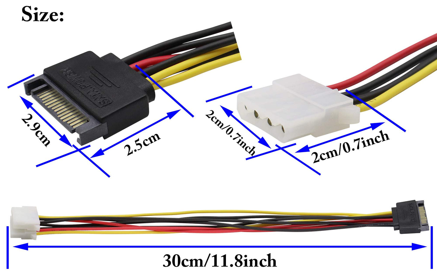 zdyCGTime SATA 15pin to Dual 4pin Molex one-to-Two Power Cord Cable,sata 15P to 4P IDE Hard Drive Power Cord Y-Splitter,SATA Male to 2 Molex Female