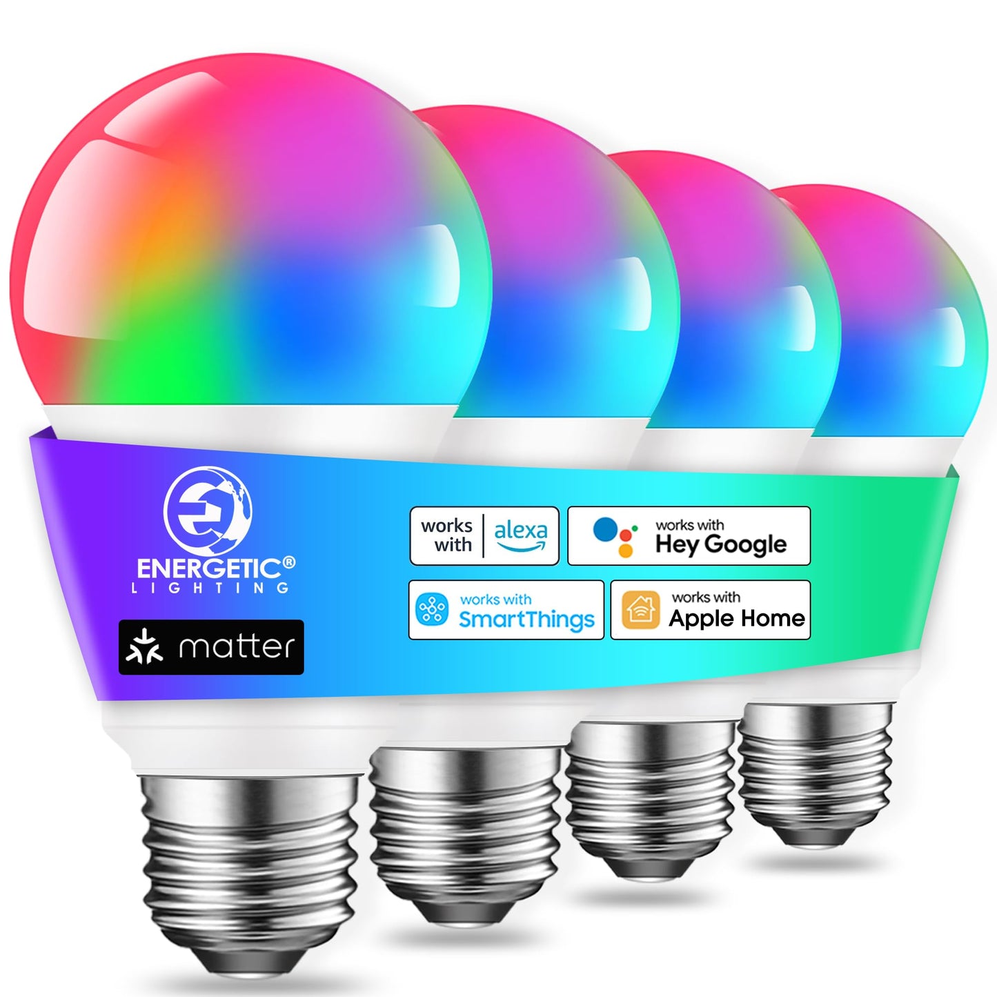 Energetic Light Bulbs Work with Alexa/Apple Home/Google Home/SmartThings, Matter Smart A19 LED Light Bulb, E26 RGB Smart Bulbs, 60W Equivalent, 800LM