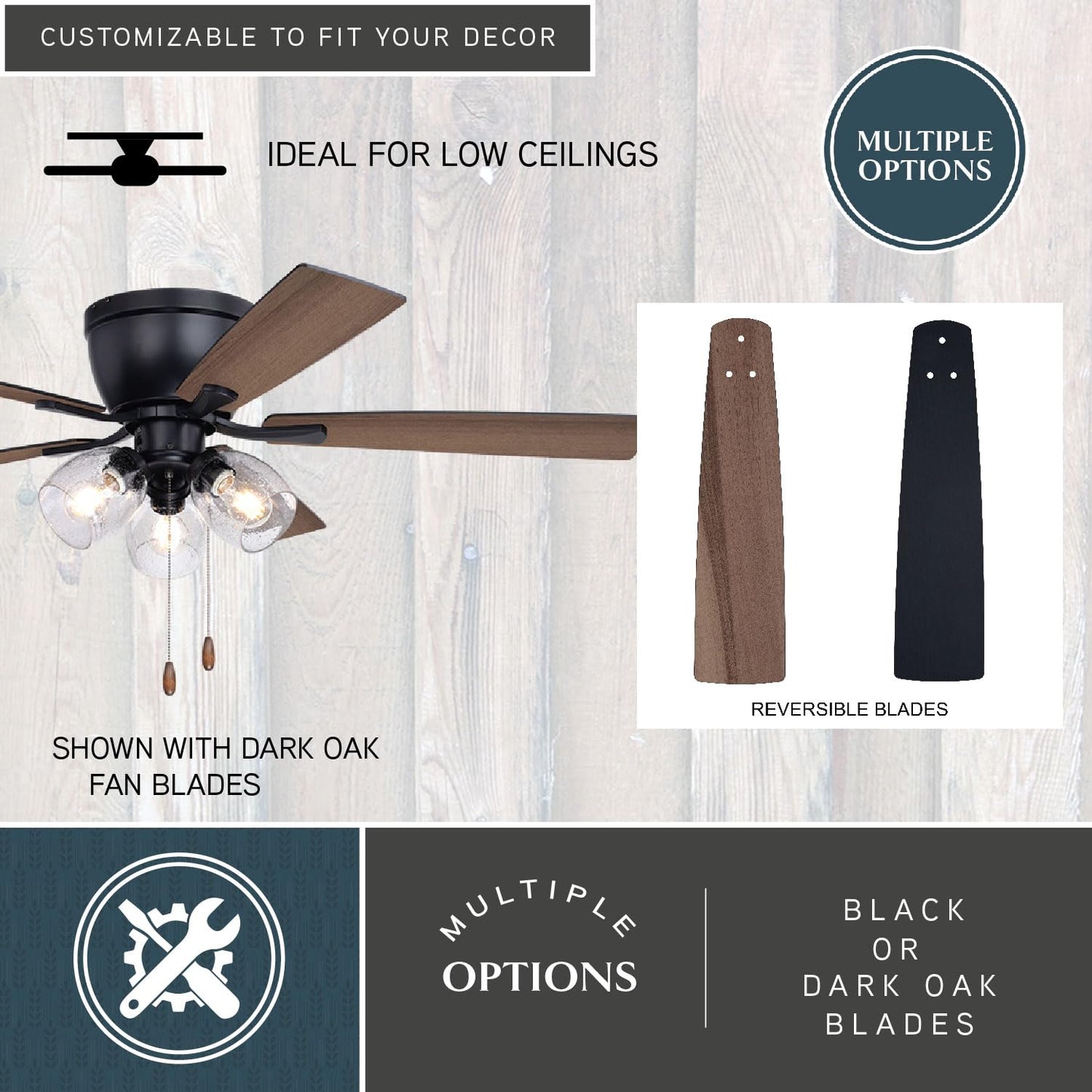 VAXCEL Brayton 52 in. Black Indoor Low Profile Flush Mount Transitional Ceiling Fan with Reversible Black-Dark Oak Blades, LED 3-Light Kit and Pull