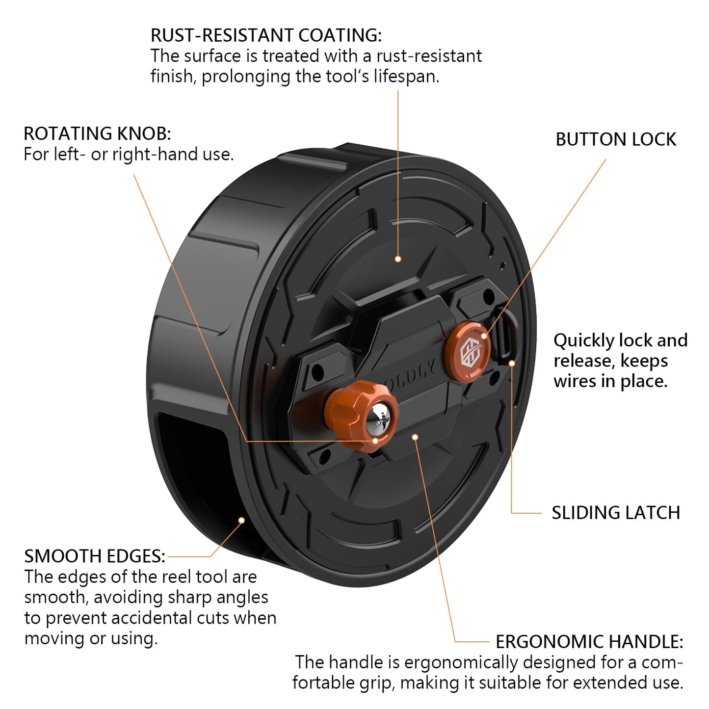 Lightweight Aluminum Tie Wire Reel Quick-Lock and Release Mechanism, Tie Wire Stripper Designed for 12-18 Gauge Wires. Dual-Sided Rewind Knob for Left