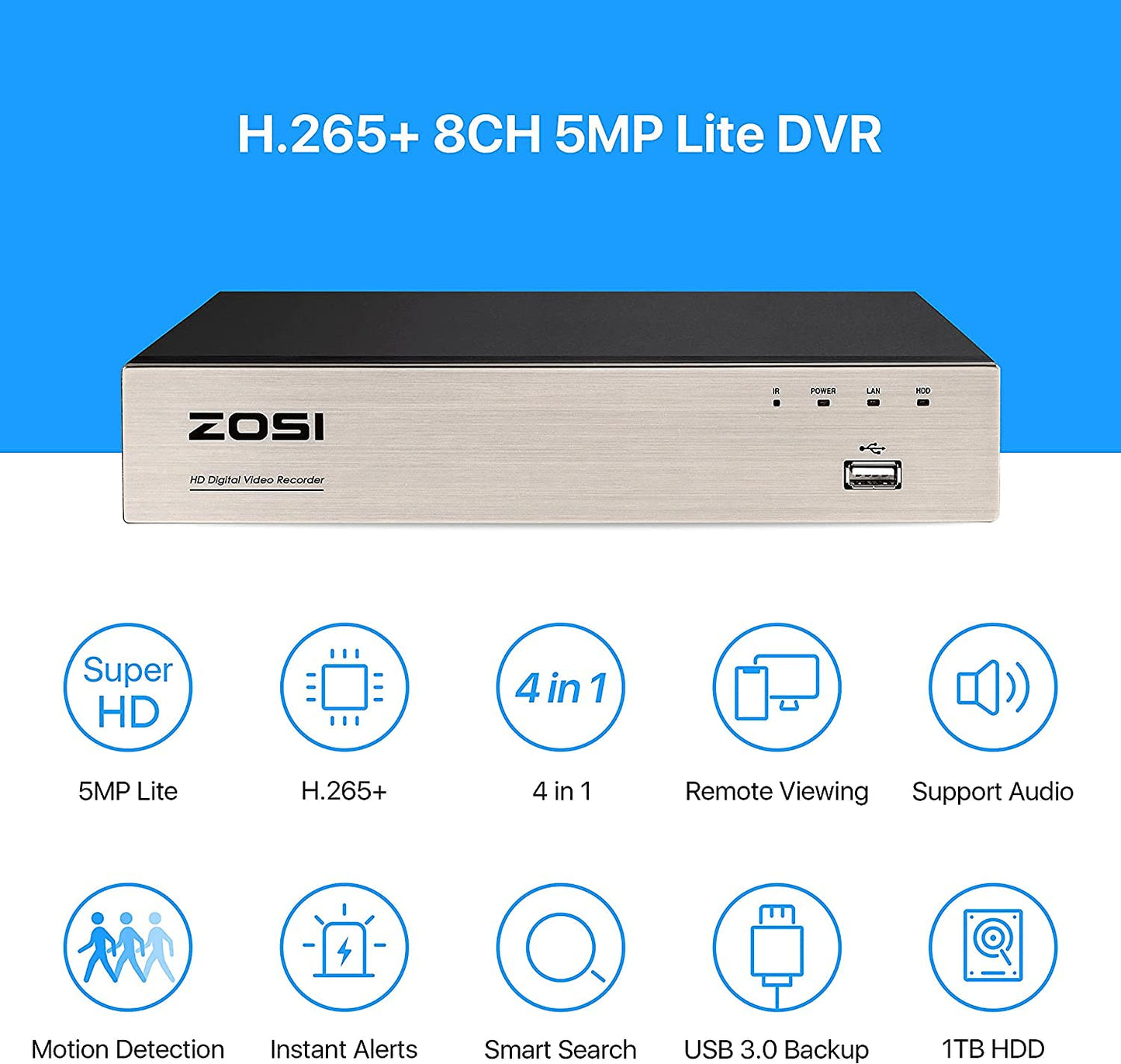 ZOSI Security Cameras System with 1TB Hard Drive,H.265+ 5MP Lite 8Channel HD-TVI DVR Recorder and 4pcs 1080P HD Surveillance CCTV Dome Cameras
