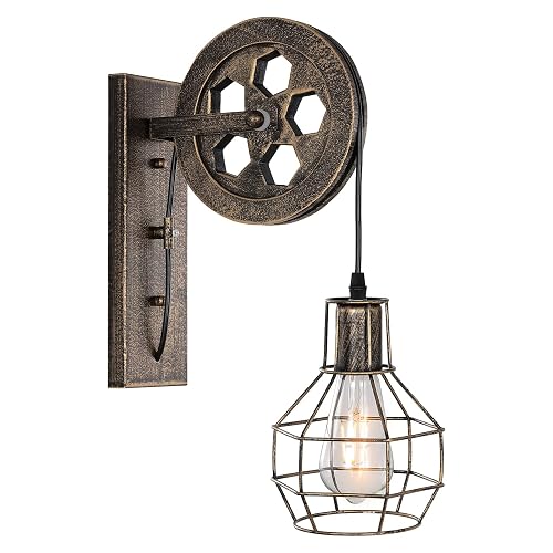 BAODEN 1 Light Fixture Industrial Mid Century Retro Iron Wall Lights Lift Pulley Wall Lamp Features The Matte Iron Cage Lamp Shade for Indoor Lighting