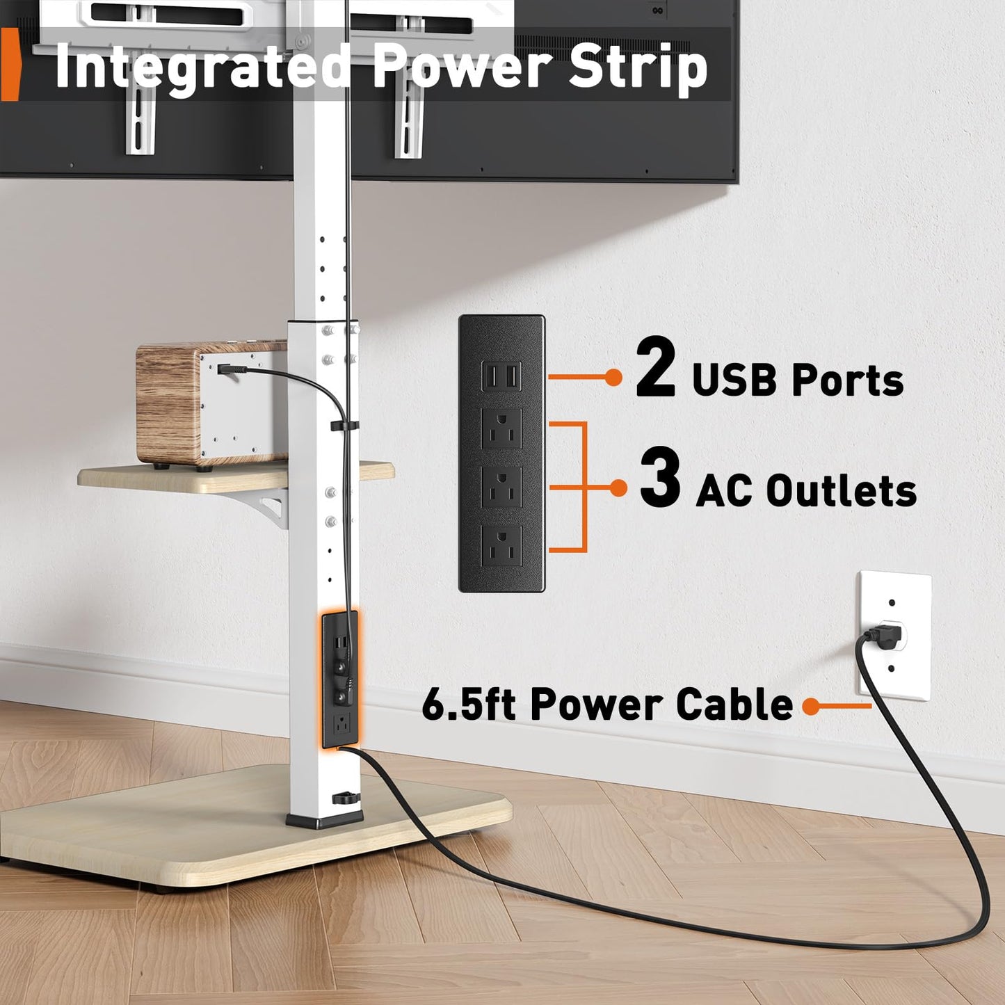 Perlegear Floor TV Stand with Power Outlet, Universal TV Stand for 32-75 inch TVs up to 110 lbs, Tall TV Mount for Bedroom with Shelf, Wood Base