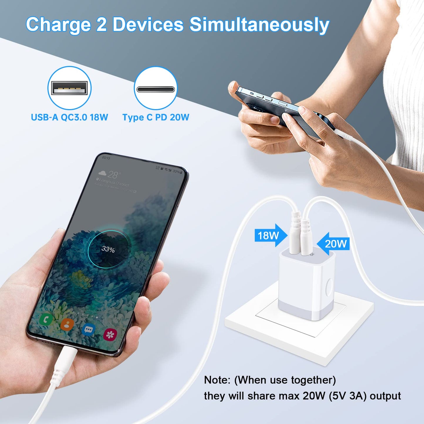 USB C Power Adapter,3Pack 20W 2 Port PD&QC 3.0 Type C Fast Charging Block Wall Charger Compatible for iPhone 17 16e 16 15 14 13 12 11 Pro