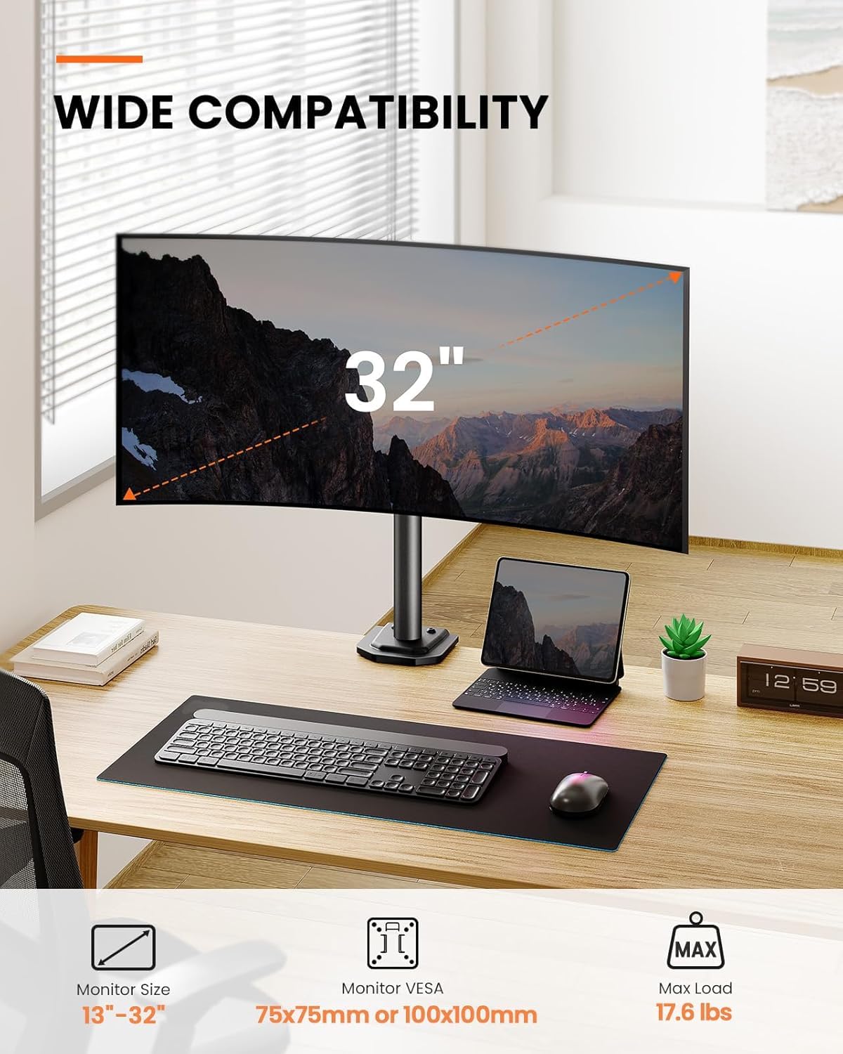 Ergear Monitor Mount for Most 13-32" Computer Screens up to 17.6lbs, Improved LCD LED Monitor Riser, Adjustable Height and Angle, Single Gaming Desk