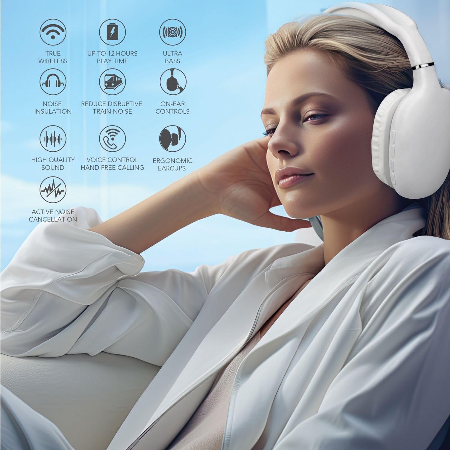 RCA Wireless Bluetooth Headphones with Active Noise Cancellation (White)