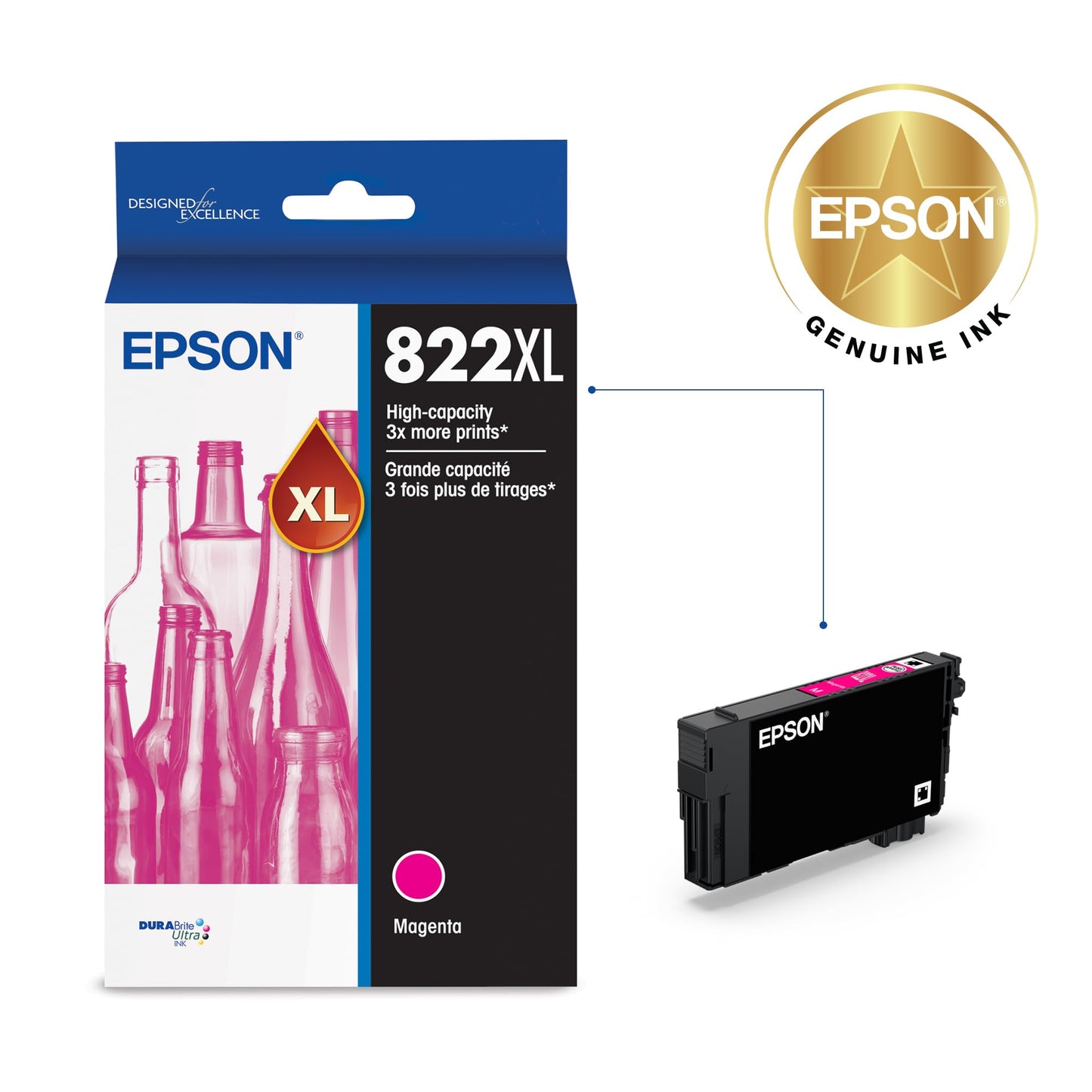 EPSON 822 DURABrite Ultra Ink High Capacity Magenta Cartridge (T822XL320-S) Works with WorkForce Pro WF-3820,3823, 4820, 4830, 4833, 4834