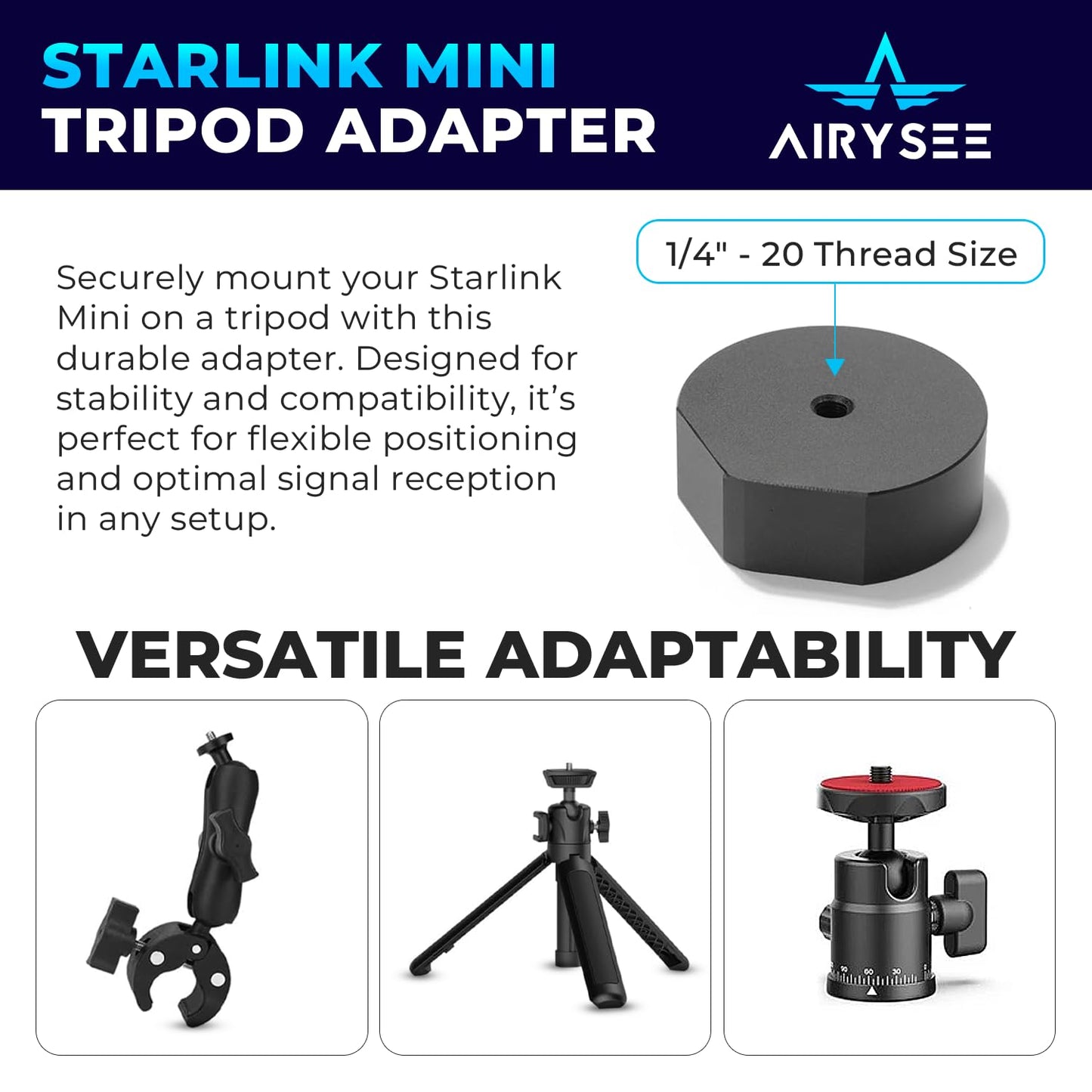 Tripod Adapter for Starlink Mini, AIRYSEE Premium Aluminum Alloy Travel Tripod Adapter 1/4"~20 and 3/8"~16 Threaded - Starlink Mini Accessories