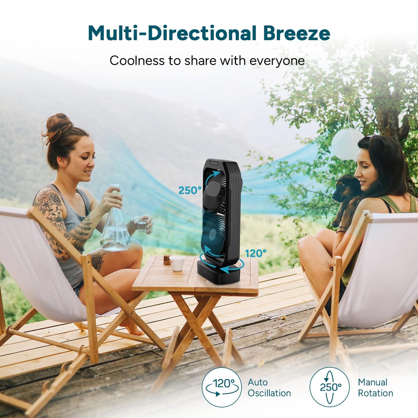 DR.PREPARE 120° Oscillating Quiet Tower Fan with Remote, Small Battery Powered Desk Fan for Bedroom, 250° Tilt, 3 Speeds, 8H Timer, Portable