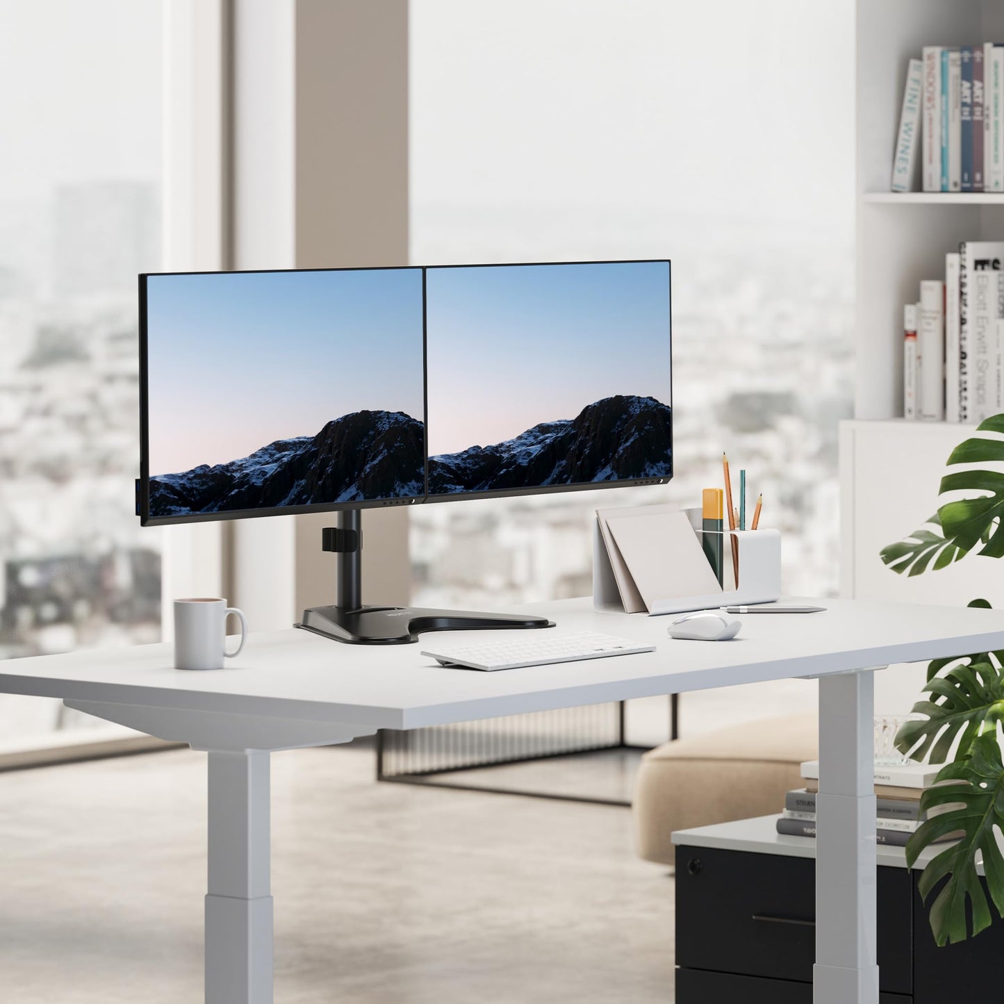 Mount-It! Dual Monitor Stand for Desk, Free Standing Monitor Mount for 2 Screens up to 32”, Height Adjustable with Tilt, Swivel & Rotation, VESA 75x75