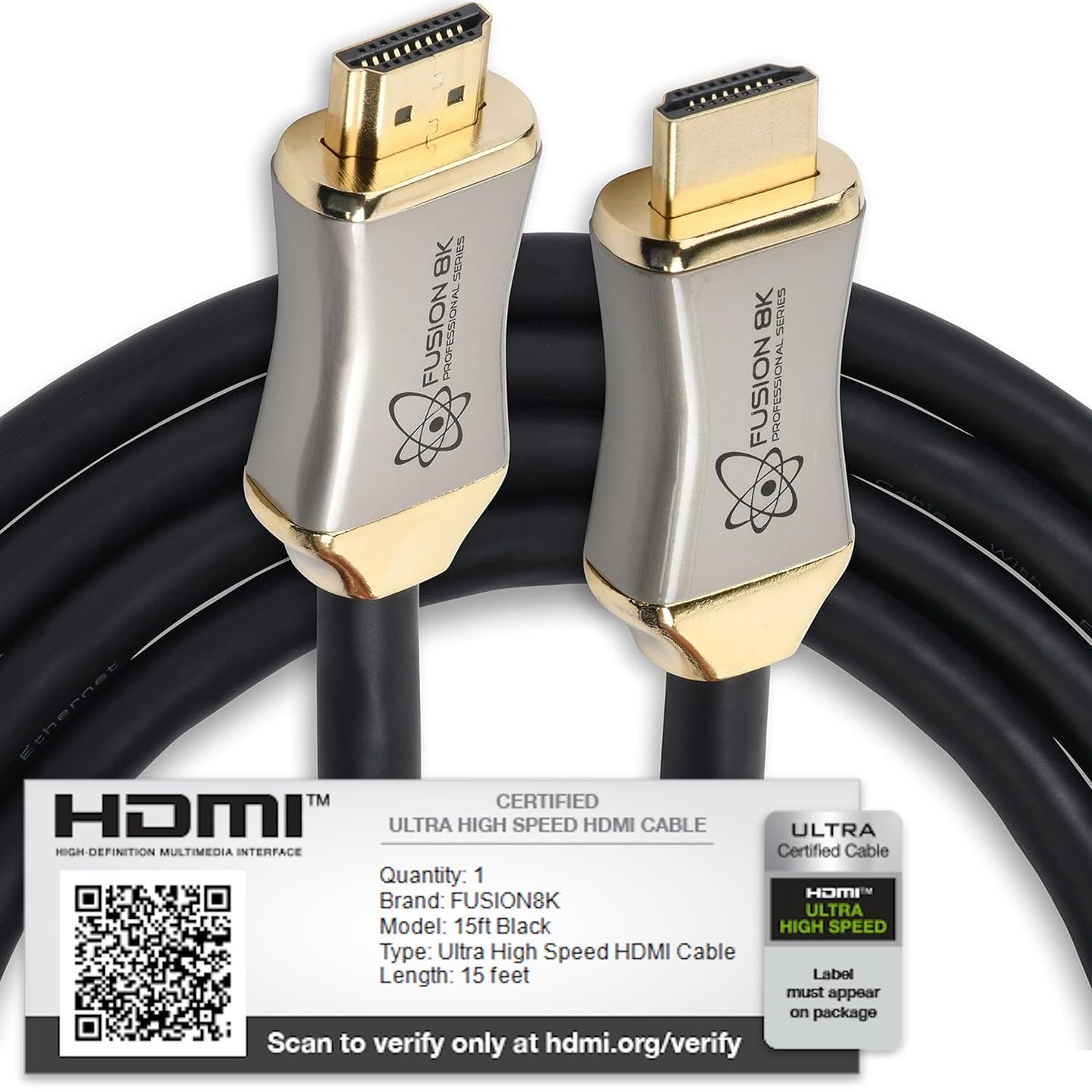 Fusion8K HDMI 2.1 Certified Cable Supports 10K 8K @60Hz and 4K @120Hz Compatible with All TVs, BluRay, Xbox Series X, PS5 (15 Feet)