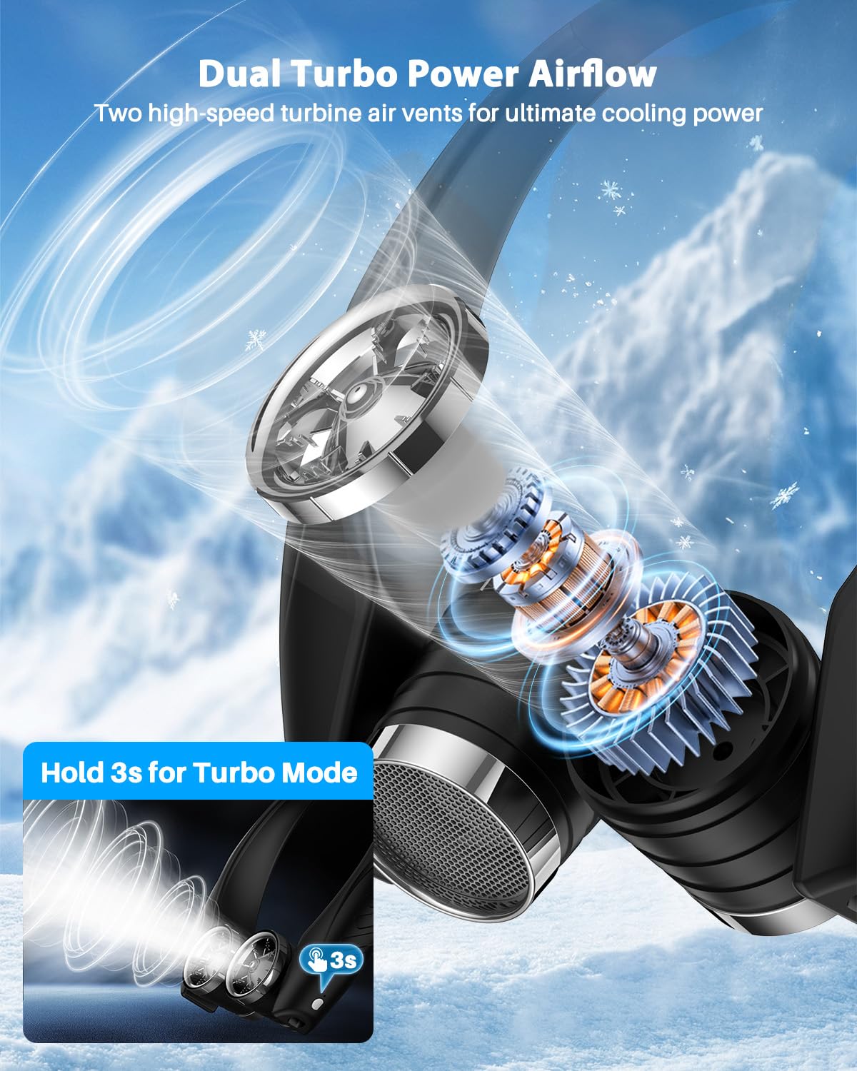 Ausic Portable Neck Fan, Personal Neck Fan with Dual High Speed Turbo Vents, 6000mAh Outdoor Cooling Fan Blow Cold Air, Wearable Rechargeable Travel
