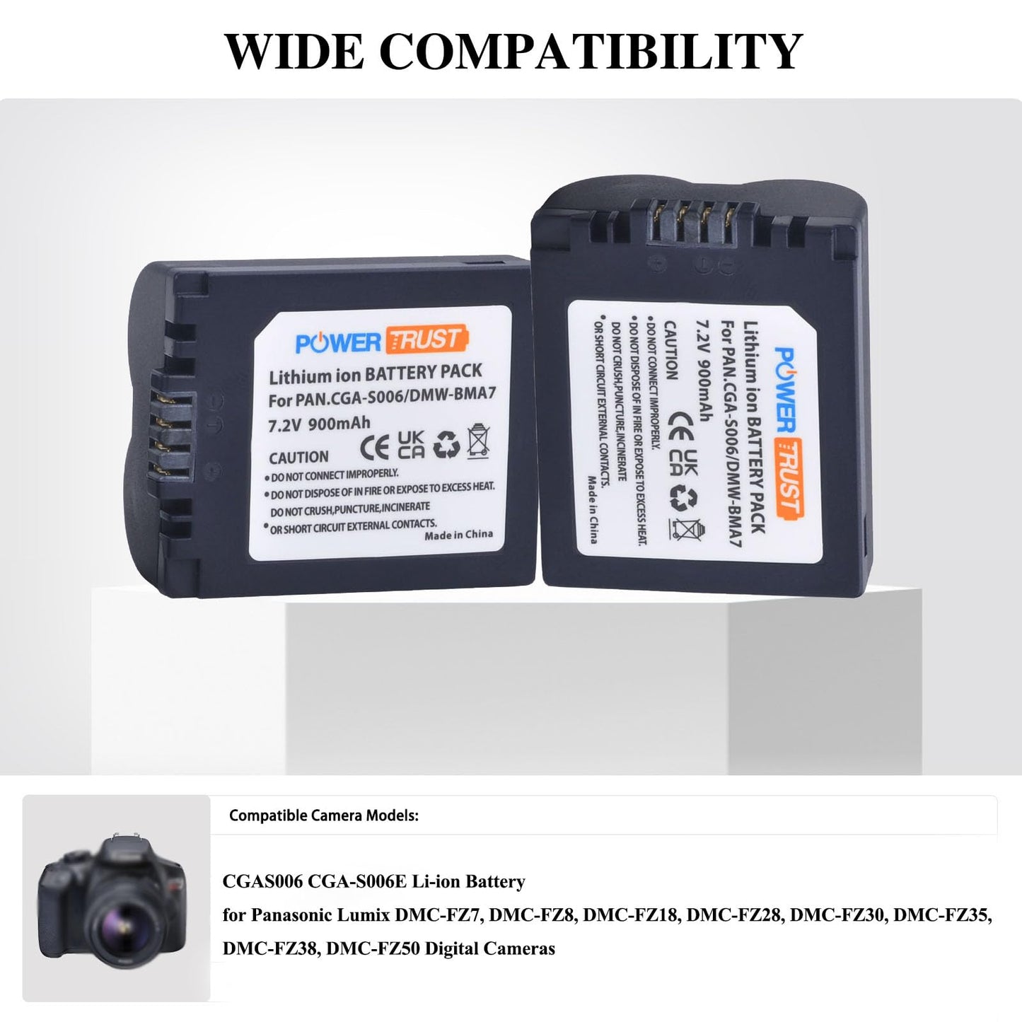 PowerTrust 2X CGA-S006 CGA-S006E Battery + Dual USB Charger for Panasonic Lumix DMC-FZ7, DMC-FZ8, DMC-FZ18, DMC-FZ28, DMC-FZ30, DMC-FZ35, DMC-FZ38