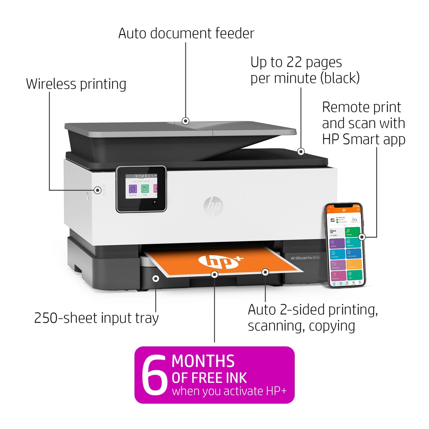 HP OfficeJet Pro 9015e Wireless Color All-in-One Printer with 6 Months Free Ink, Gray (1G5L3A) (Renewed Premium)